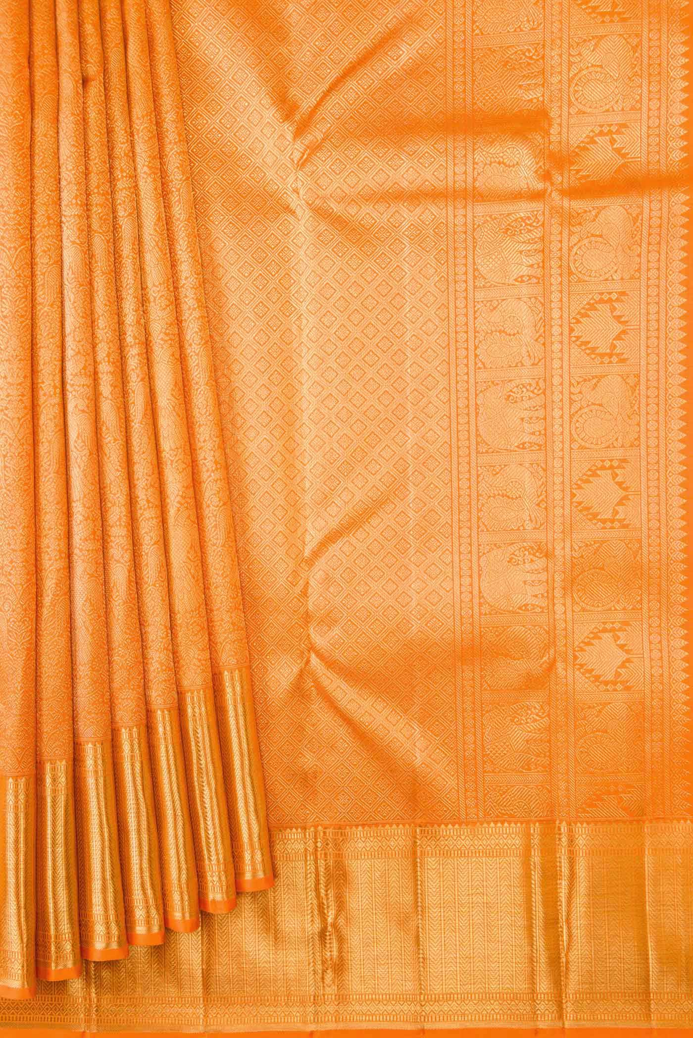 Pure Silk Pure Zari Orange Dual Tone Kanjivaram Saree - Image 4