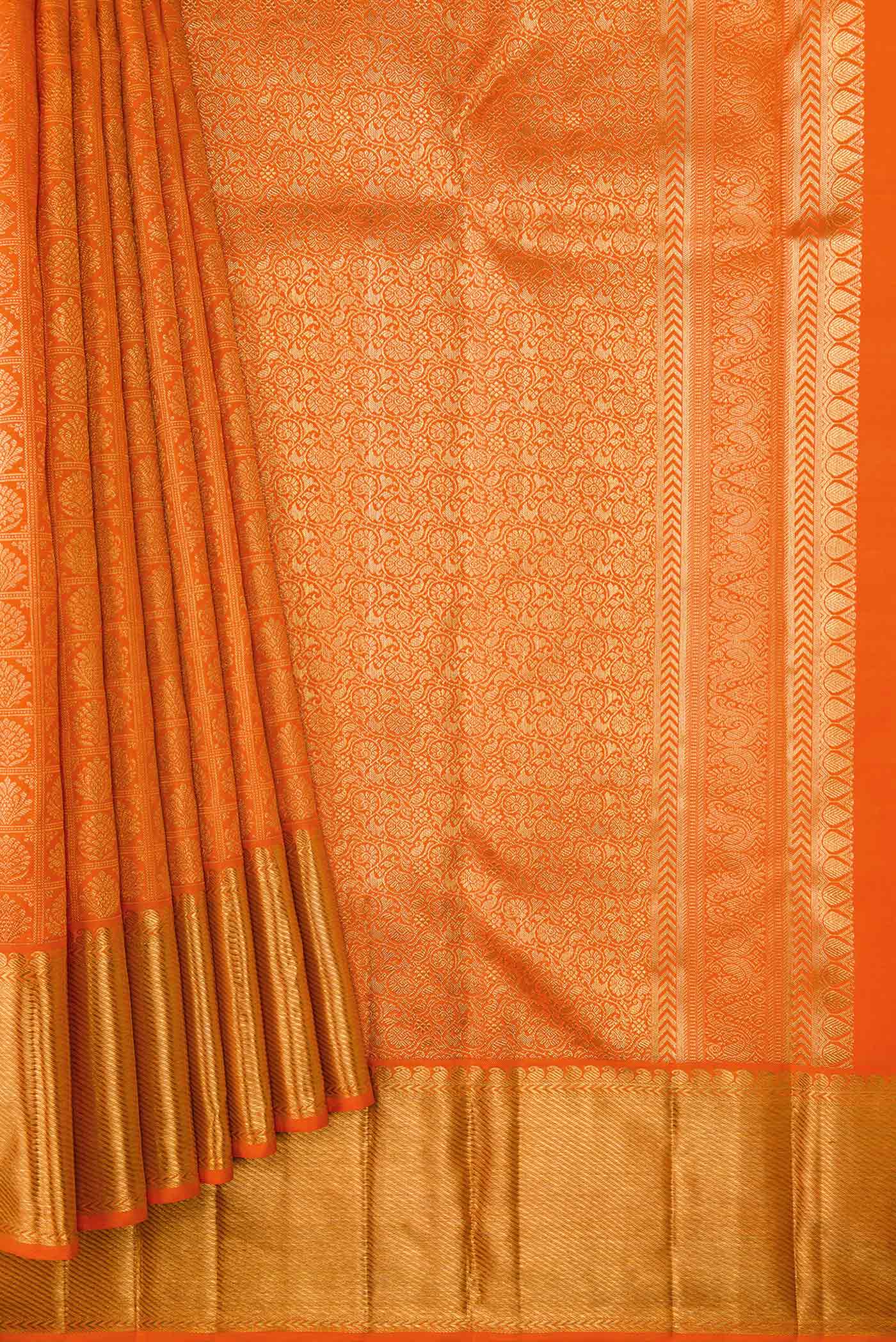 Pure Silk Pure Zari Orange Dual Tone Kanjivaram Saree - Image 4