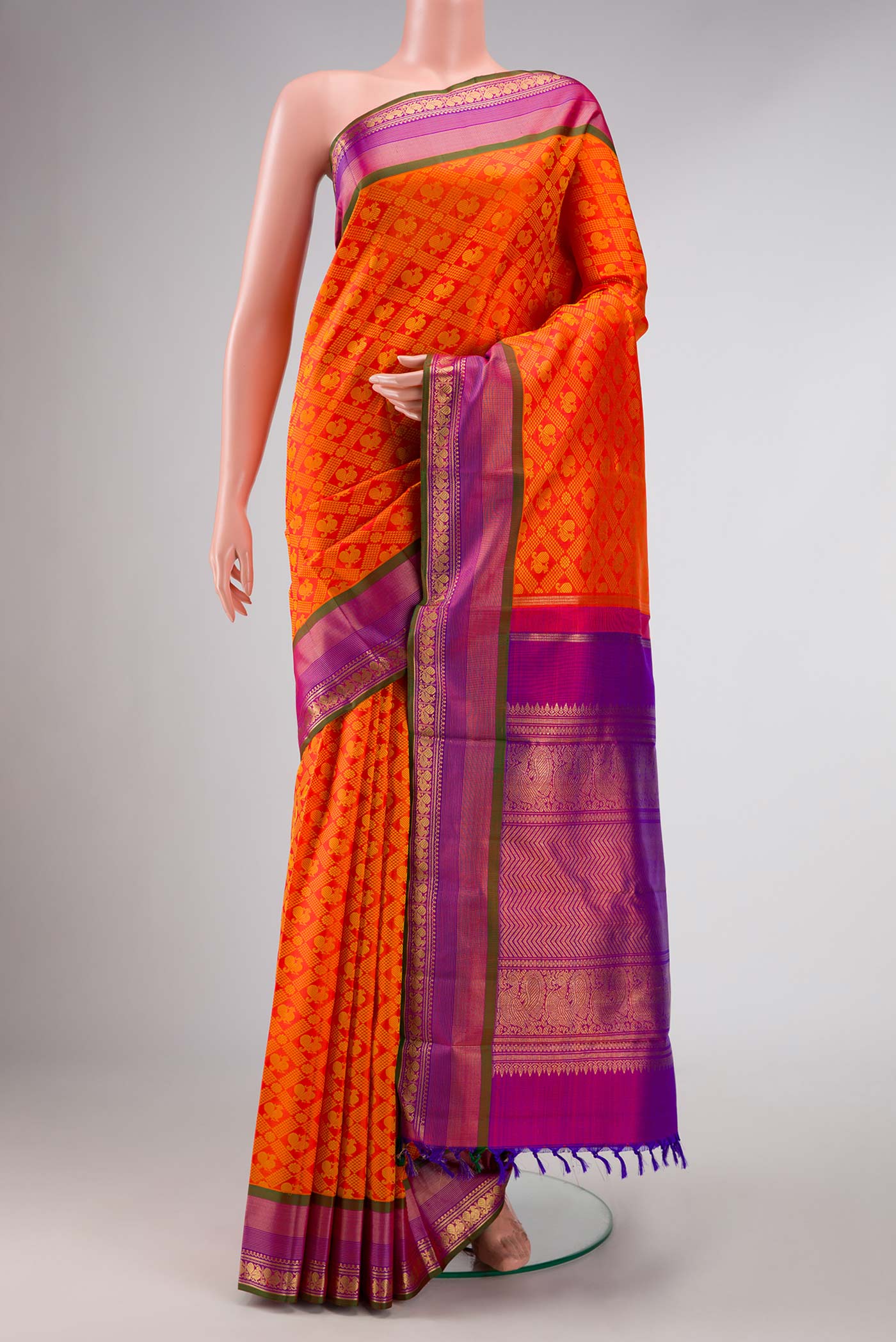 Pure Silk Pure Zari Orange Dual Tone Kanchipuram Saree