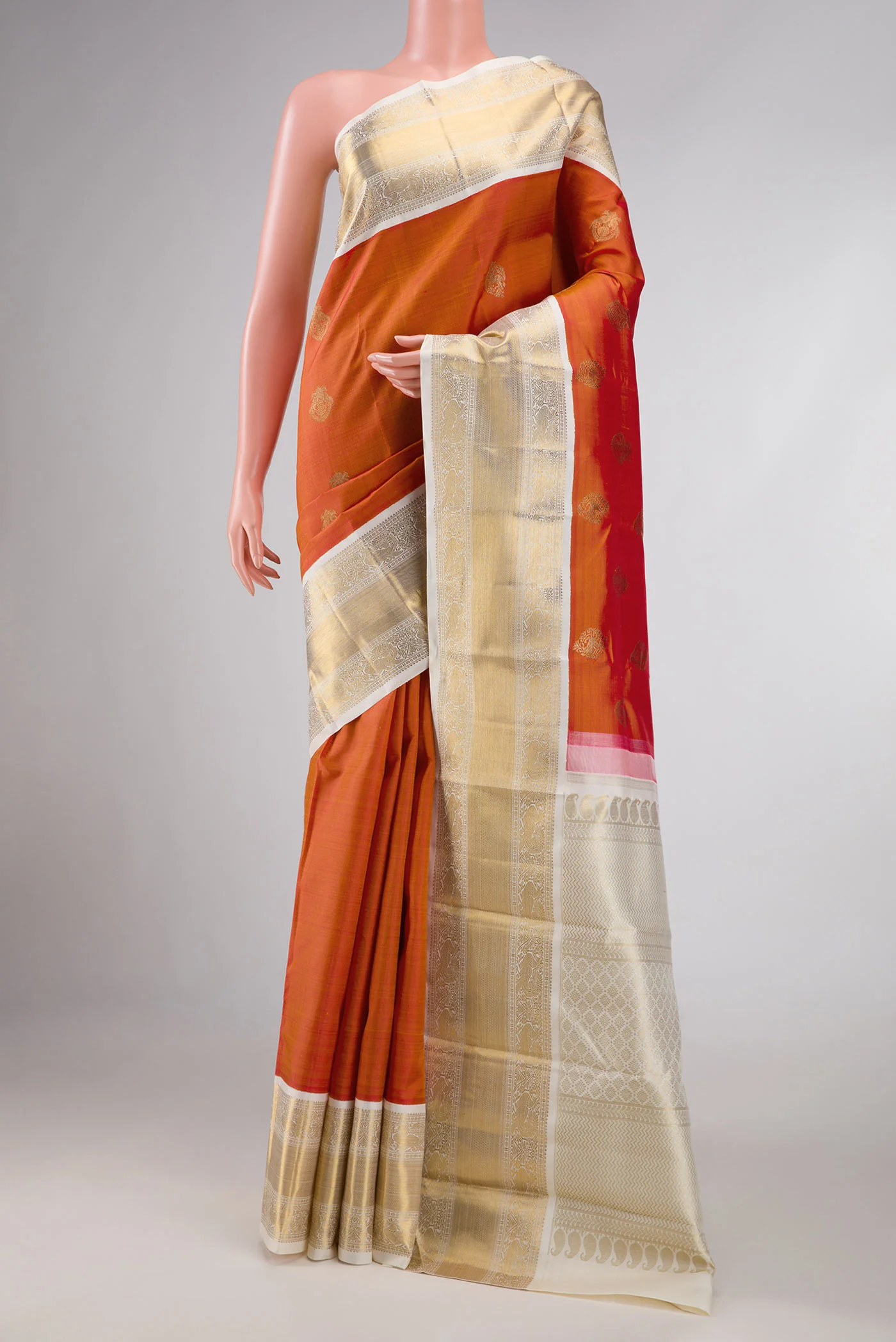 Pure Silk Pure Zari Orange Dual Tone Kanjivaram Saree