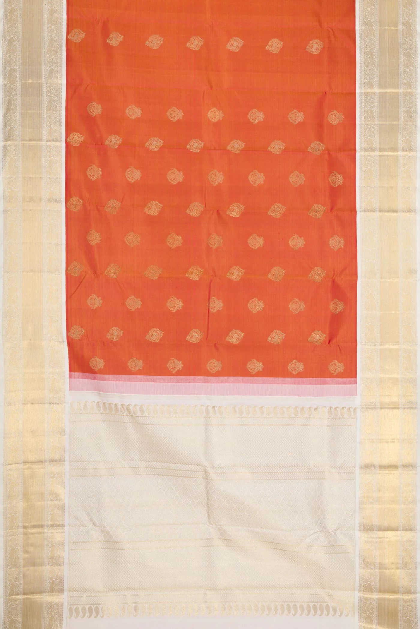 Pure Silk Pure Zari Orange Dual Tone Kanjivaram Saree - Image 6