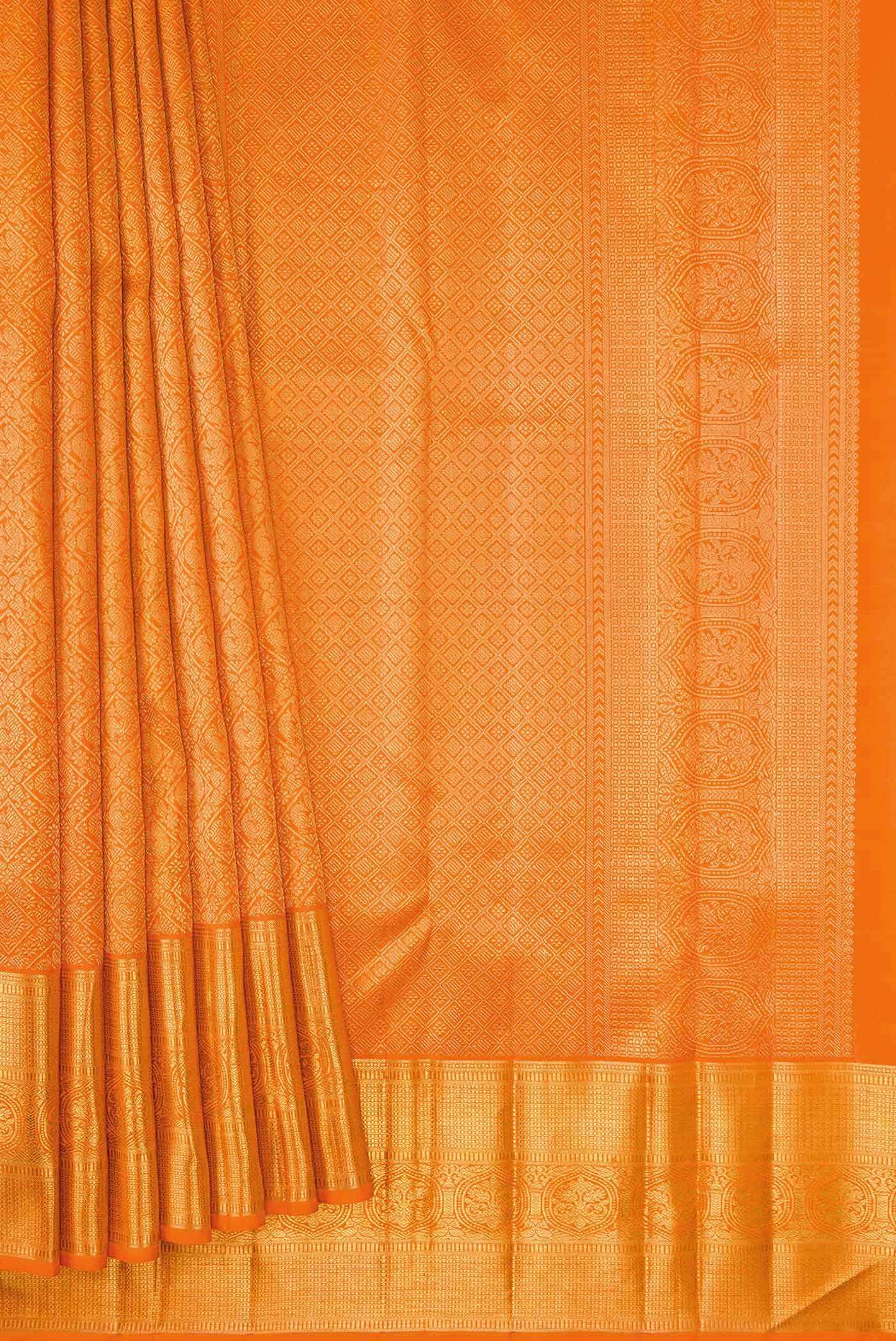 Pure Silk Pure Zari Orange Dual Tone Kanjivaram Saree - Image 4