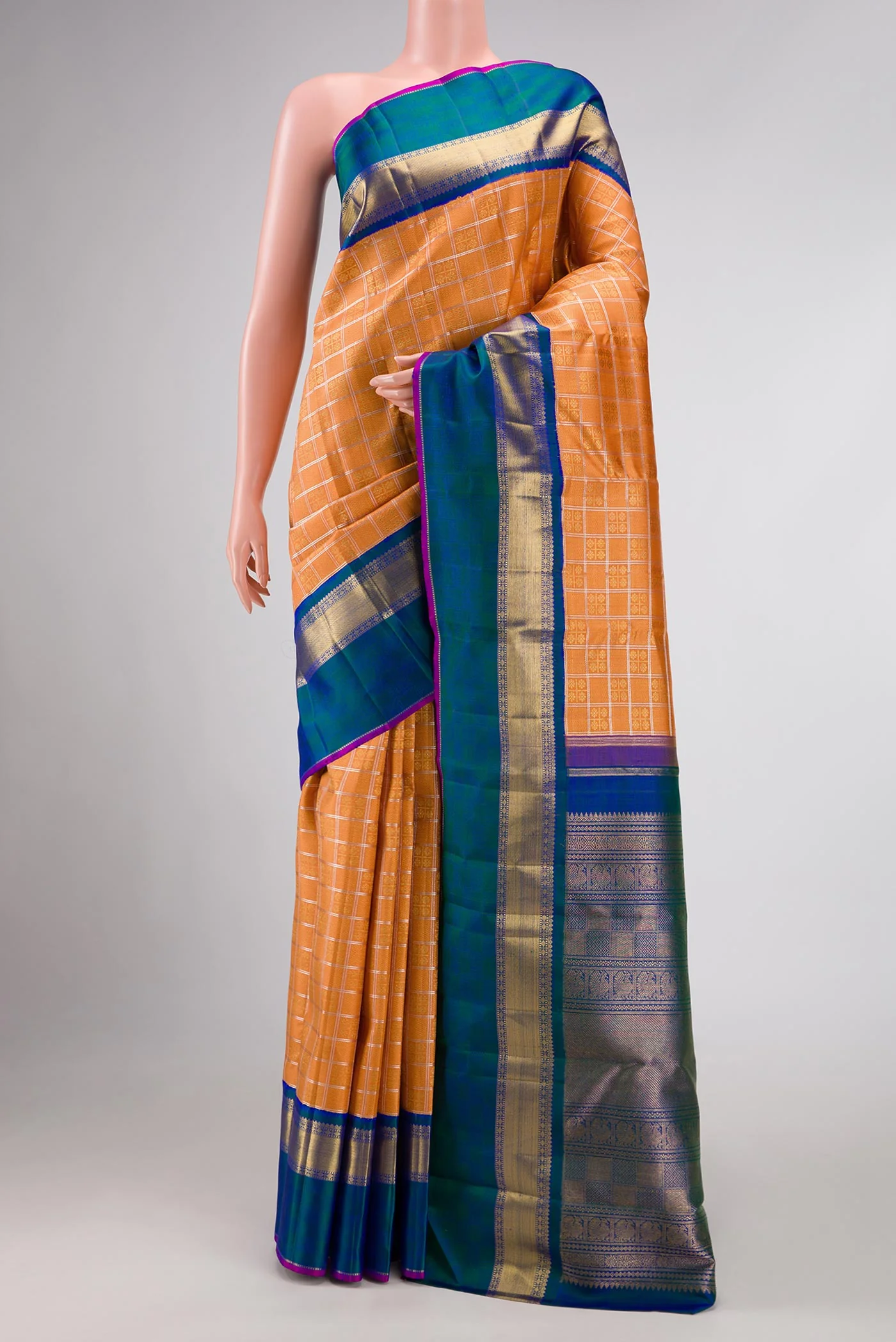 Pure Silk Pure Zari Orange Dual Tone Kanjivaram Saree