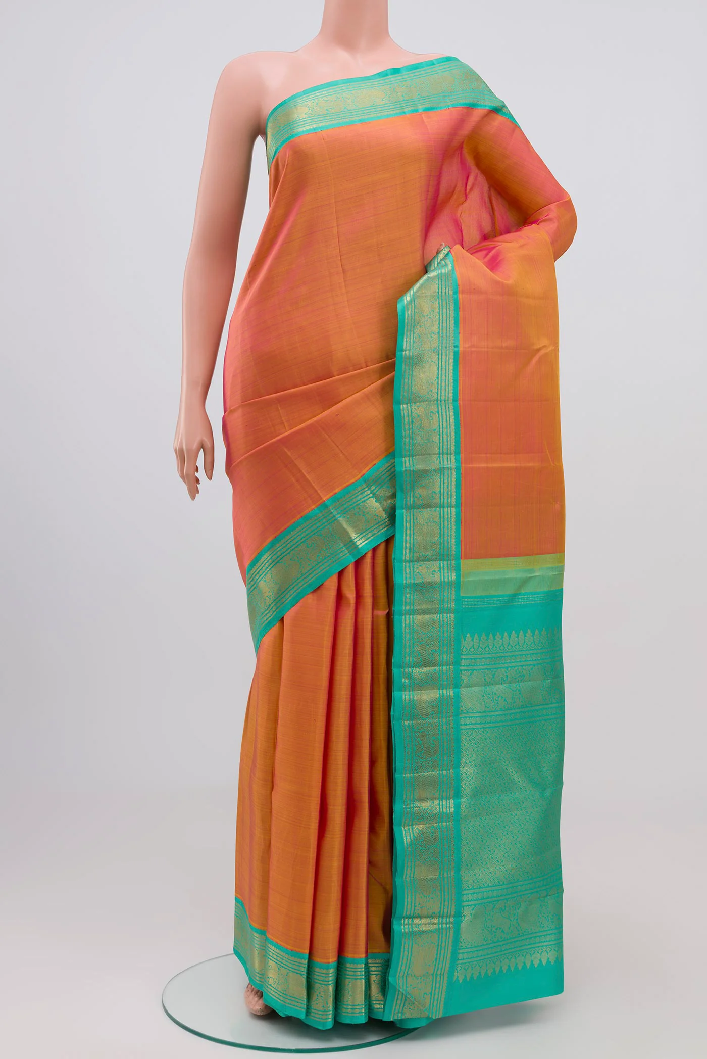 Pure Silk Pure Zari Pinkish Yellow Dual Tone Kanjivaram Saree