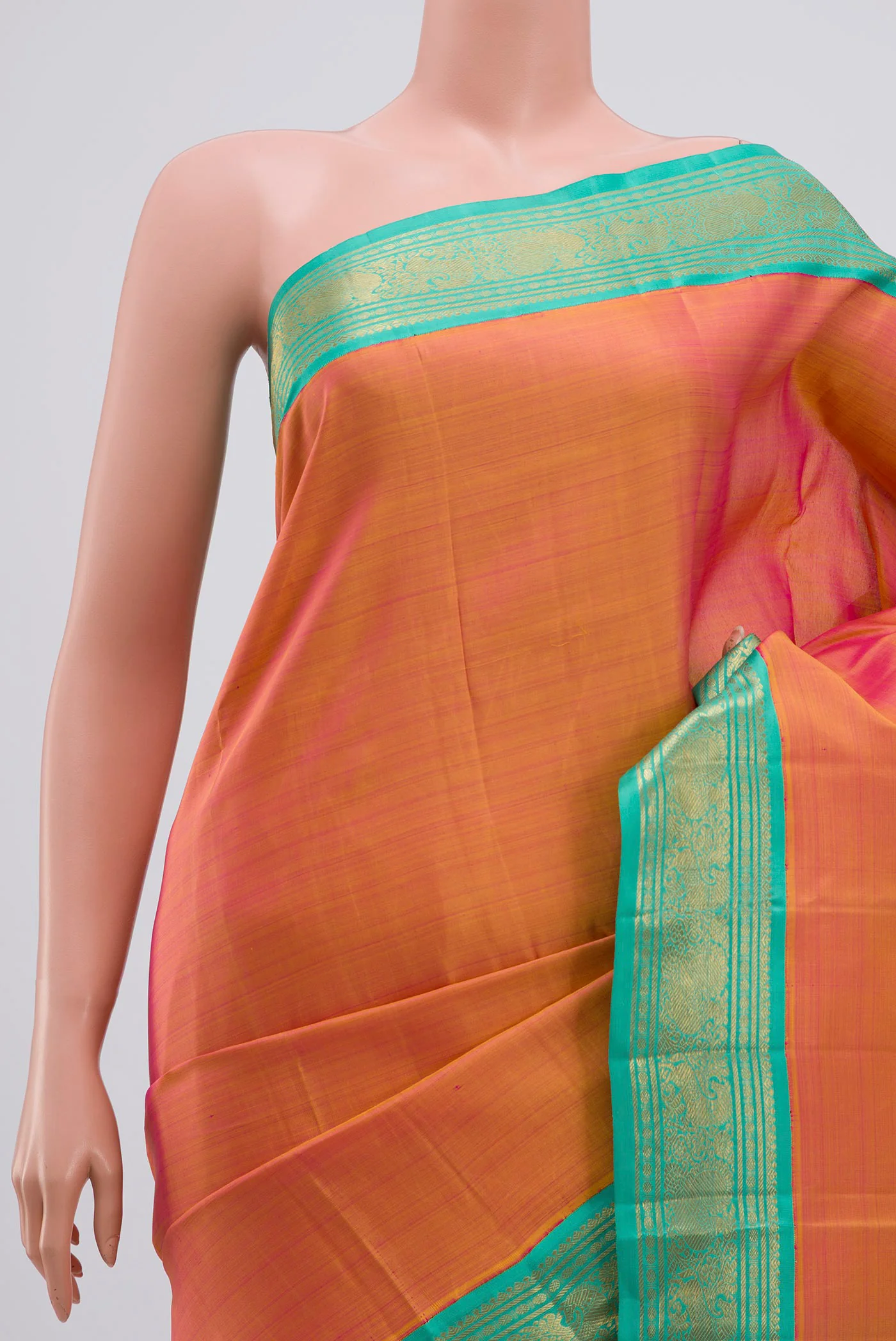 Pure Silk Pure Zari Pinkish Yellow Dual Tone Kanjivaram Saree - Image 2