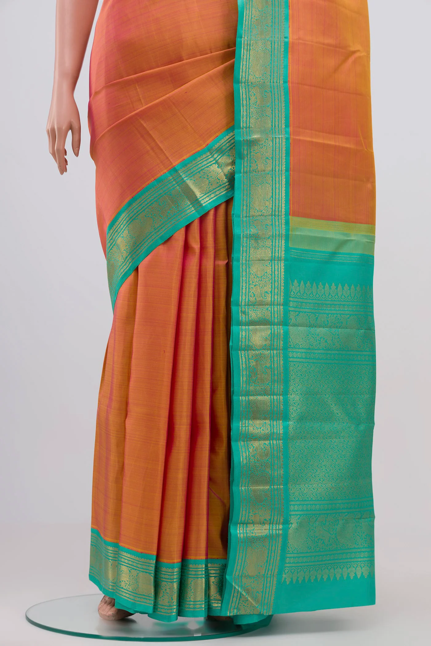 Pure Silk Pure Zari Pinkish Yellow Dual Tone Kanjivaram Saree - Image 3