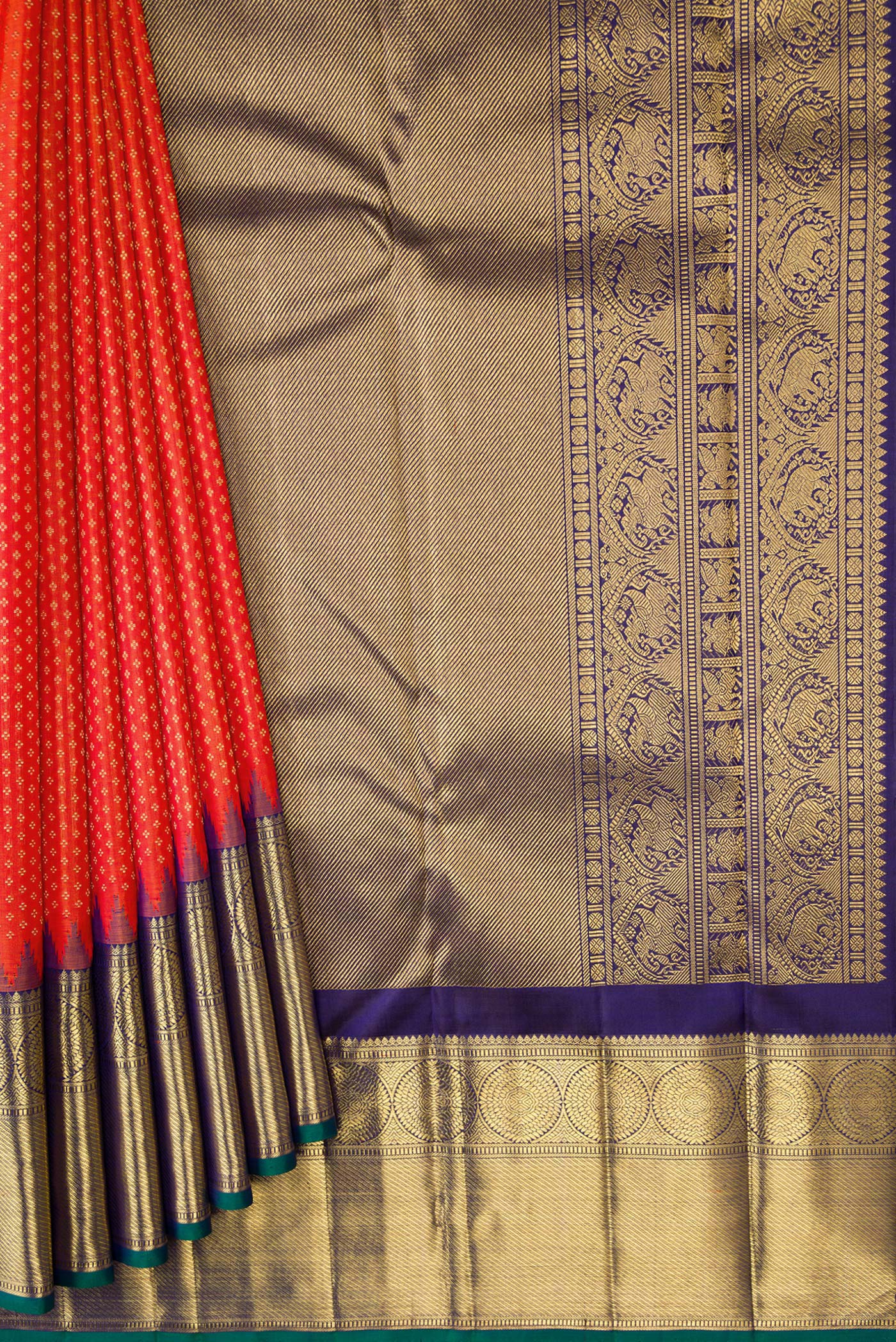 Pure Silk Pure Zari Orange Kanjivaram Saree - Image 4