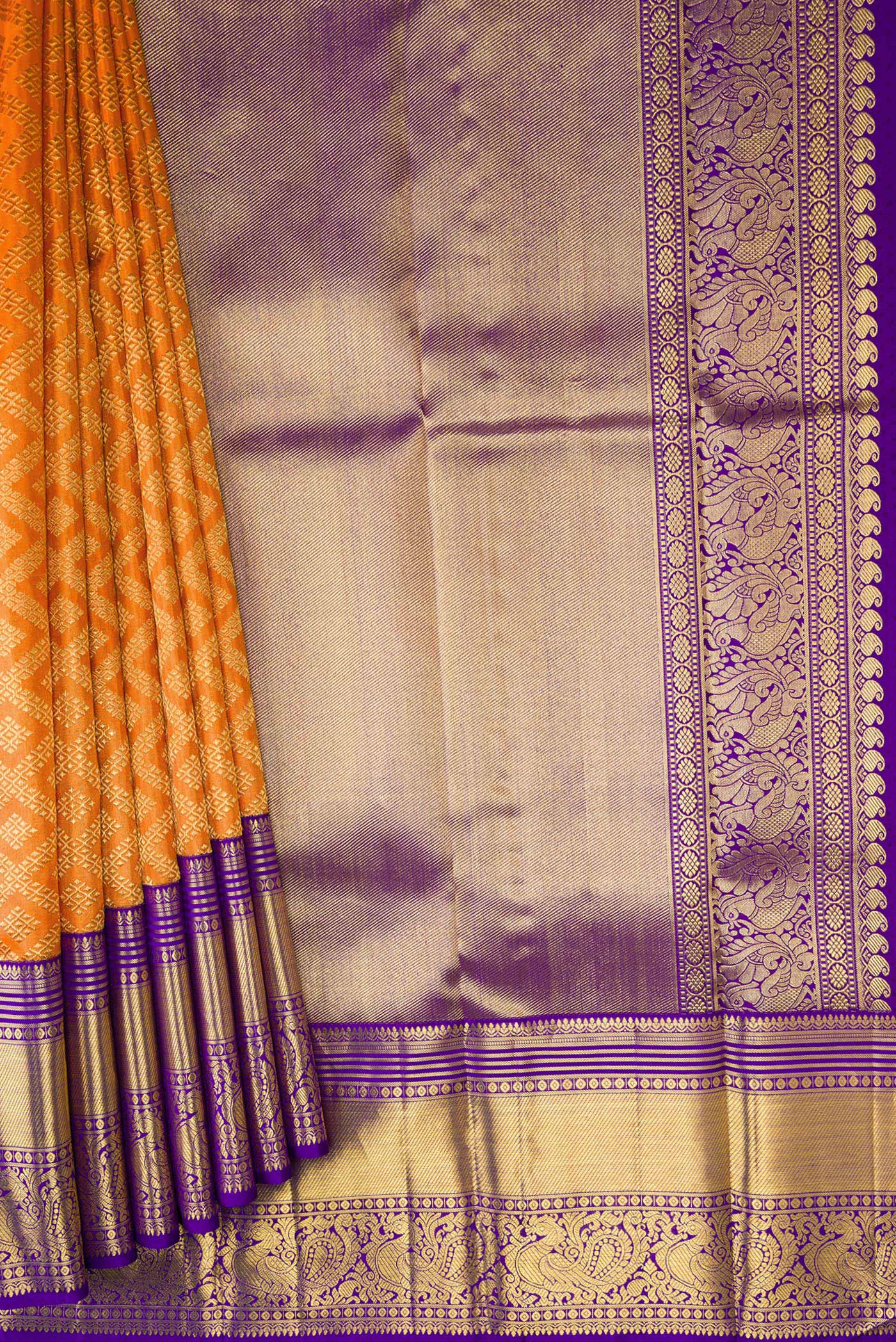Pure Silk Pure Zari Orange Kanjivaram Saree - Image 4