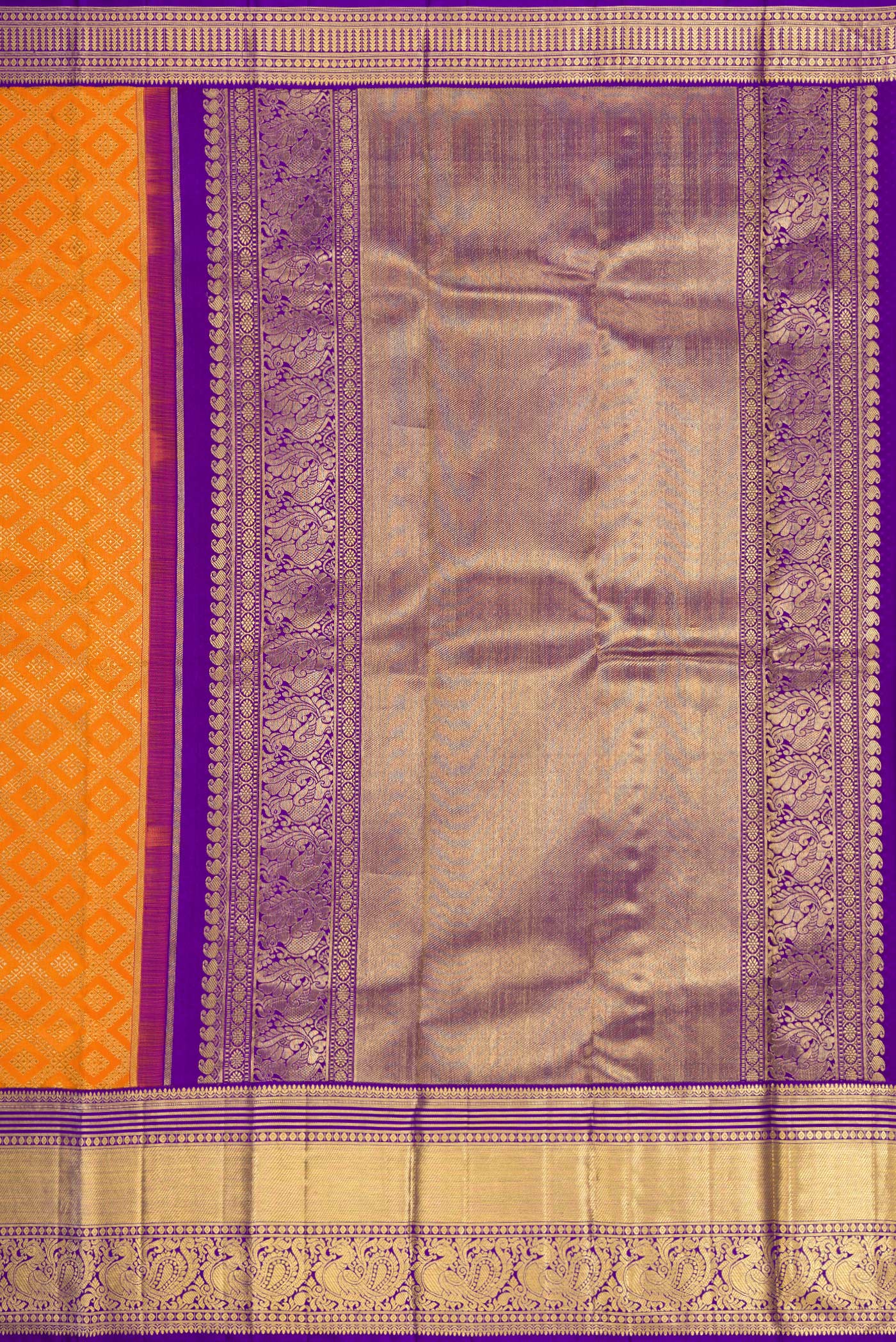Pure Silk Pure Zari Orange Kanjivaram Saree - Image 7