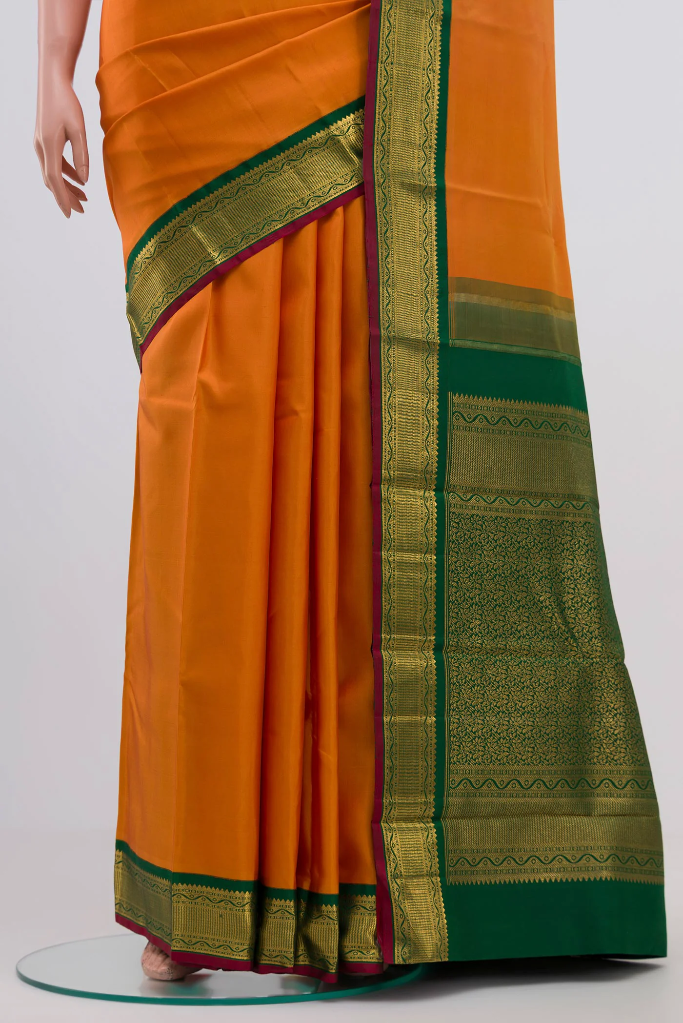 Pure Silk Pure Zari Orange Kanchipuram Saree - Image 3