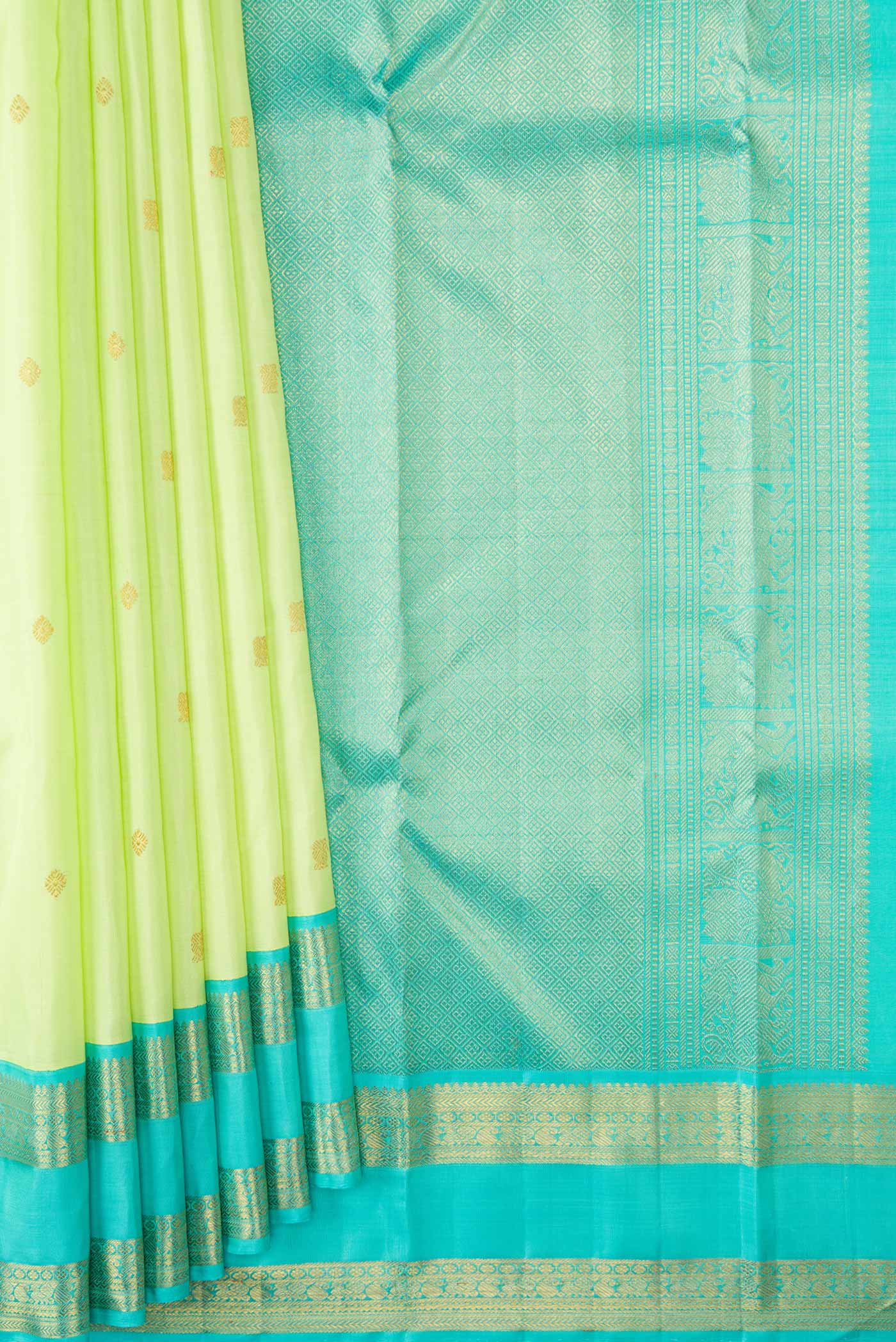 Pure Silk Pure Zari Parrot Green Dual Tone Kanchipuram Saree - Image 4