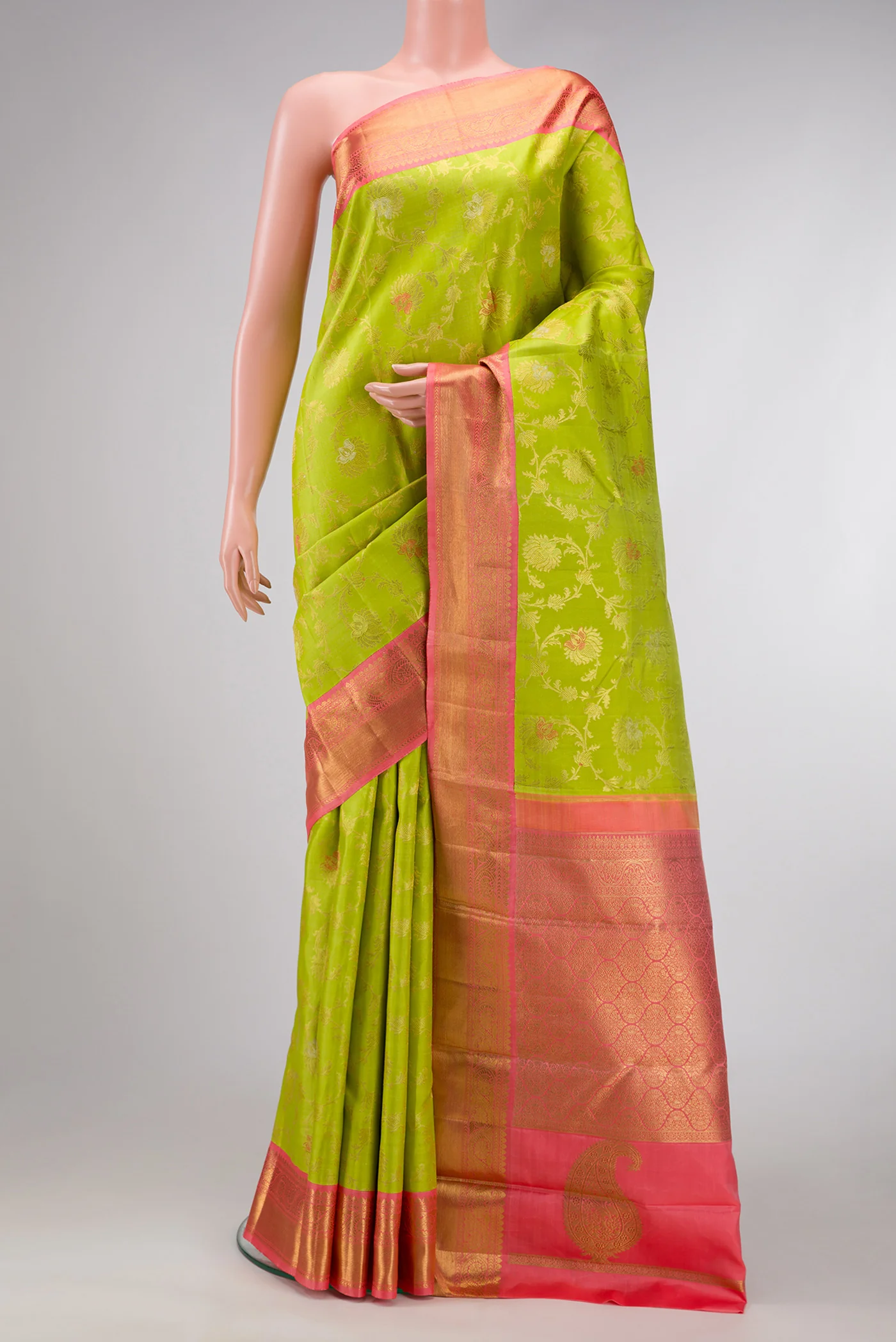 Pure Silk Pure Zari Parrot Green Kanjivaram Saree