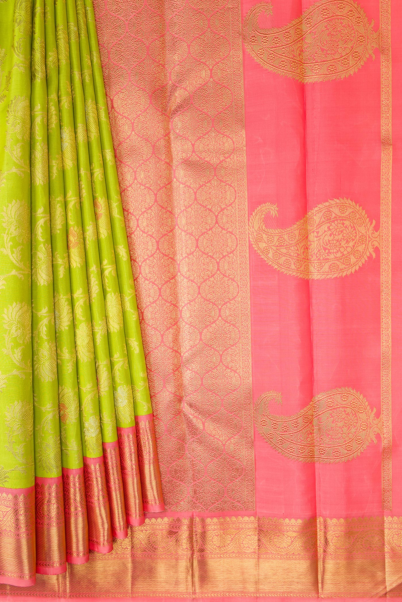 Pure Silk Pure Zari Parrot Green Kanjivaram Saree - Image 4