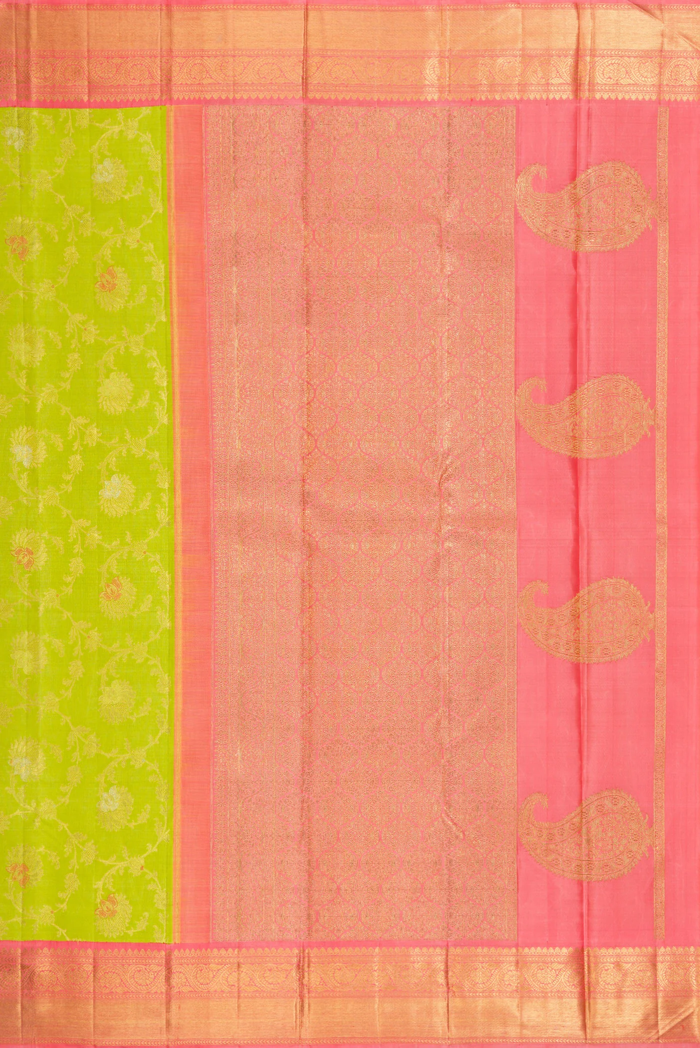 Pure Silk Pure Zari Parrot Green Kanjivaram Saree - Image 7