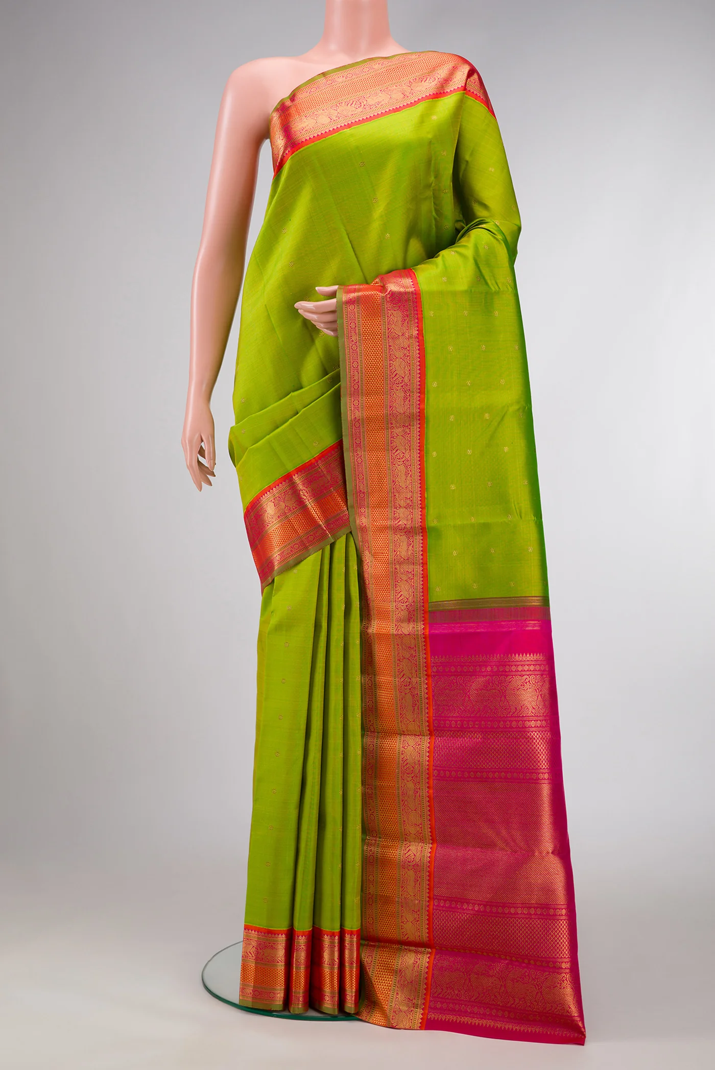 Pure Silk Pure Zari Parrot Green Kanjivaram Saree