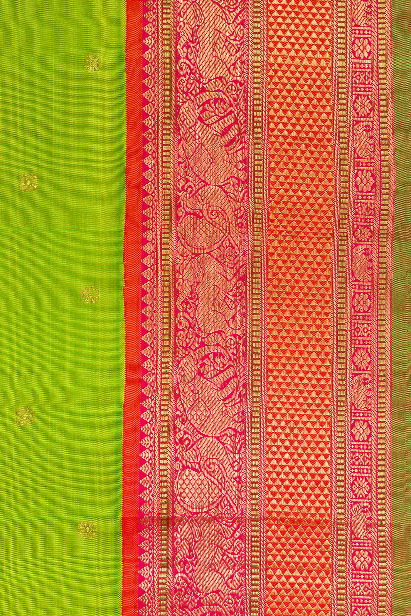 Pure Silk Pure Zari Parrot Green Kanjivaram Saree - Image 3