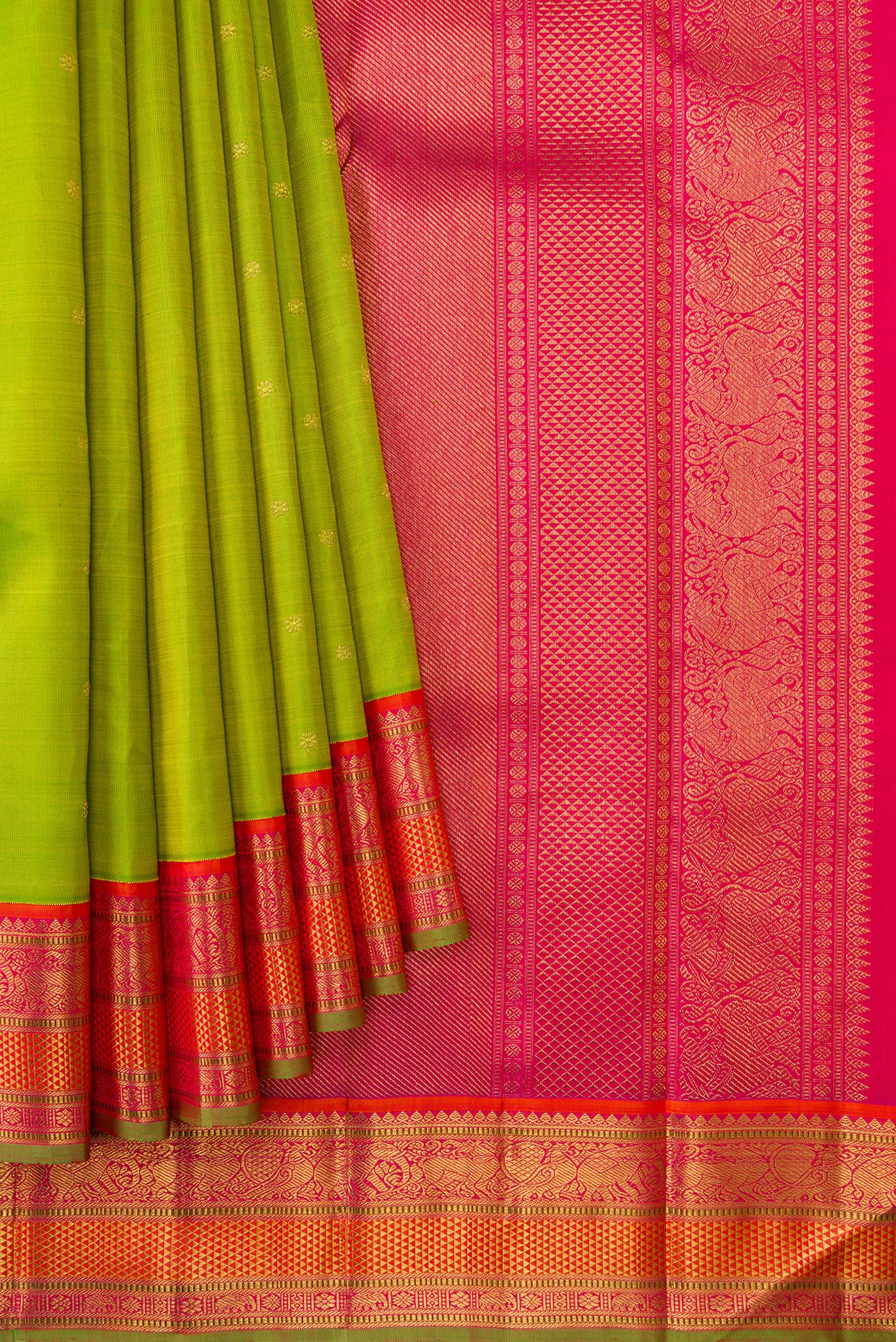 Pure Silk Pure Zari Parrot Green Kanjivaram Saree - Image 4