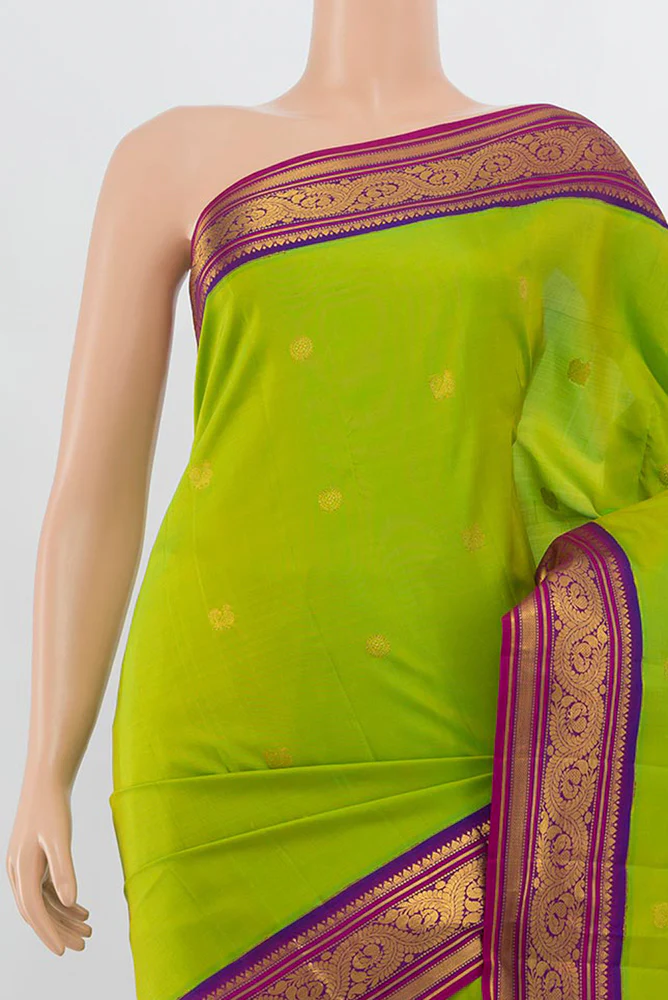 Pure Silk Pure Zari Parrot Green Kanjivaram Saree - Image 2