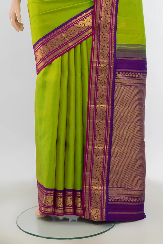 Pure Silk Pure Zari Parrot Green Kanjivaram Saree - Image 3
