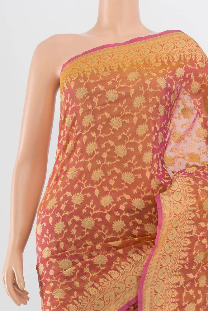 Pink with Yellow Color Banarasi Silk Saree - Image 2