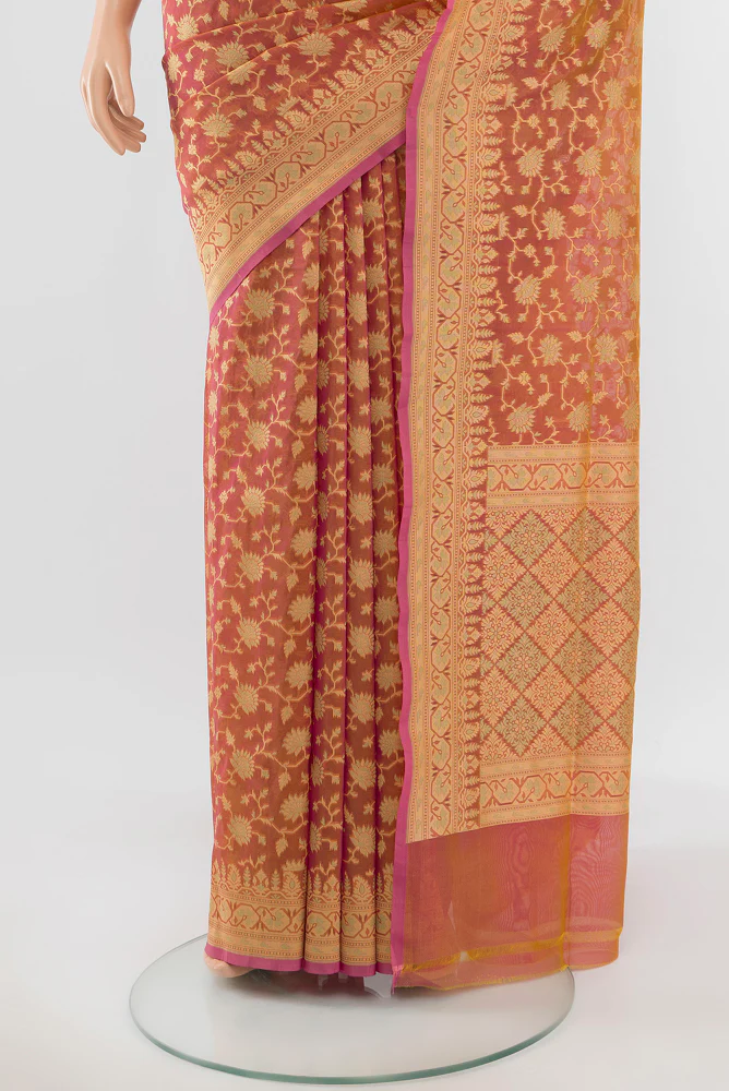 Pink with Yellow Color Banarasi Silk Saree - Image 3