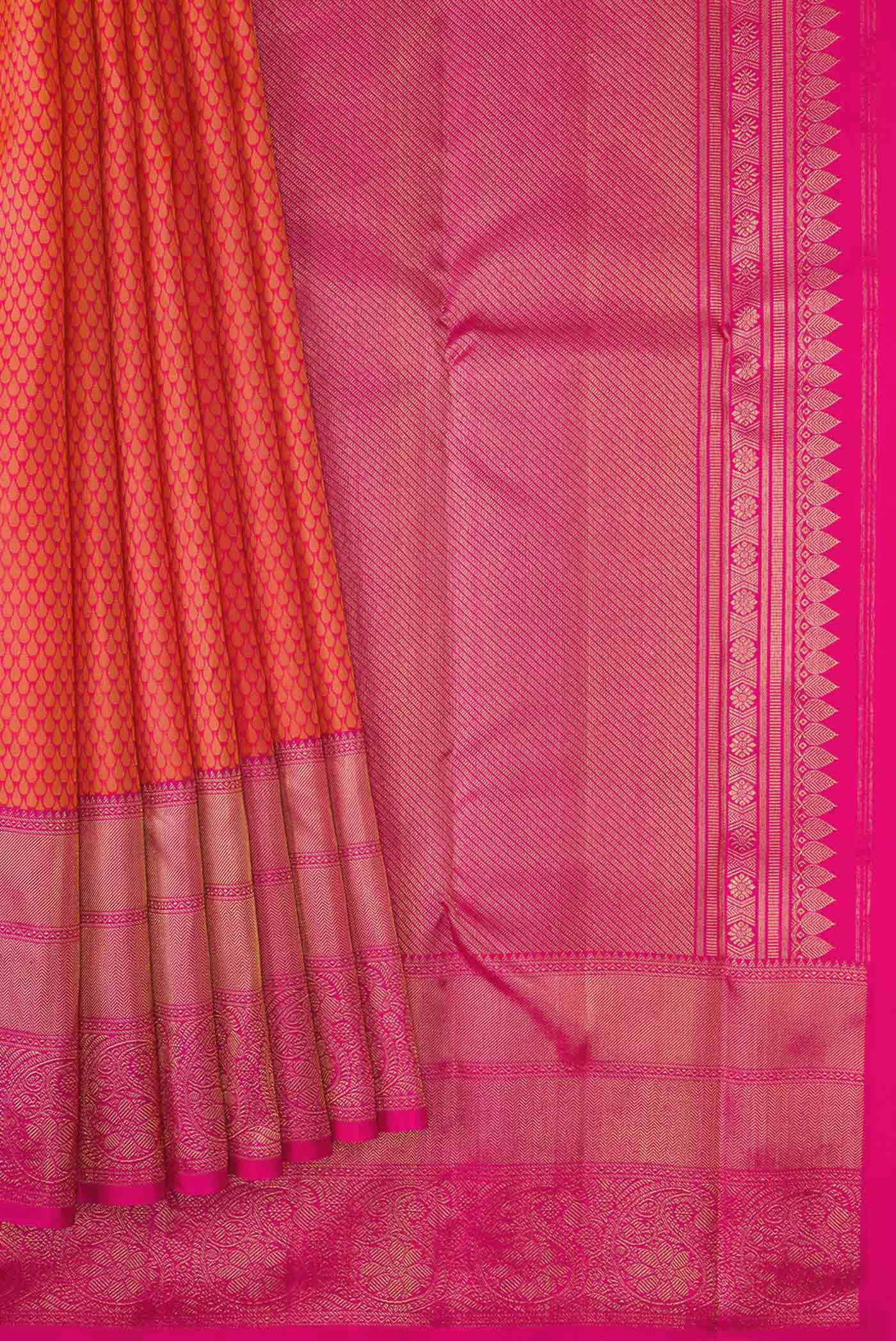 Pure Silk Pure Zari Orange with Pink Color Kanjivaram Saree - Image 4