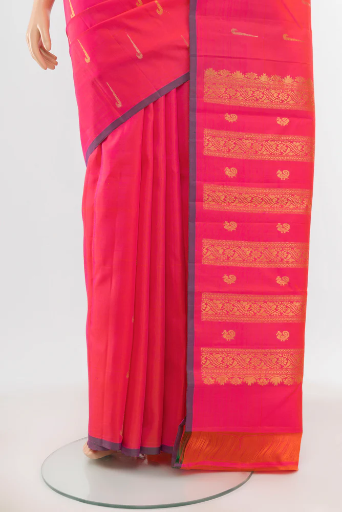 Pink with Orange Color Kanchipuram Silk Saree - Image 3