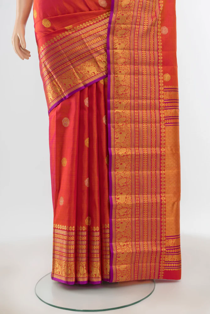 Orange with Pink Color Kanjivaram Silk Saree - Image 3