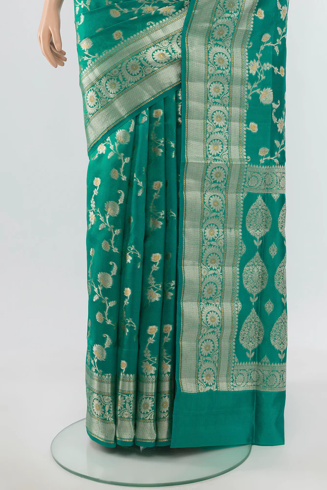 Teal Banarasi Raw Silk Saree - Image 3