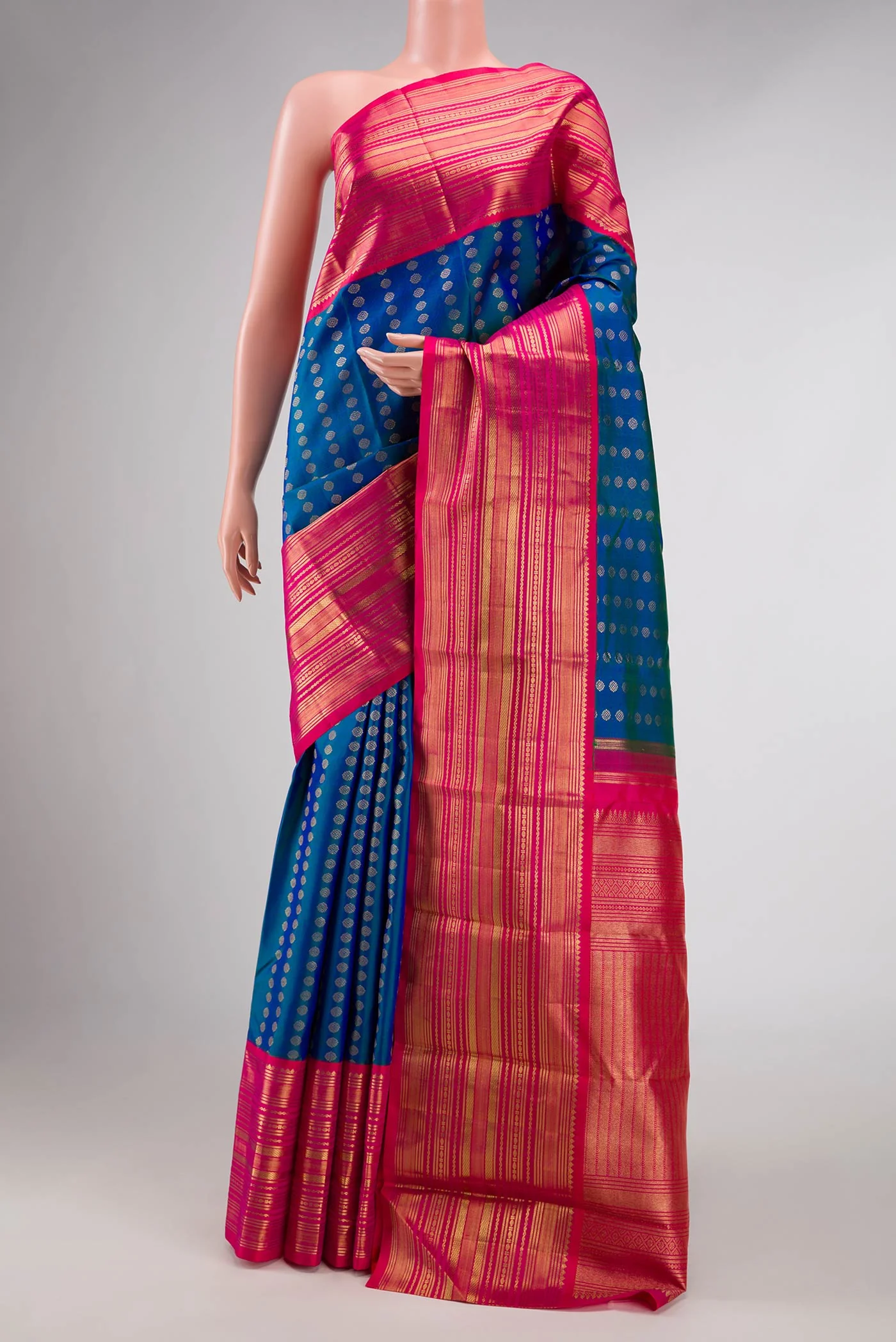 Pure Silk Pure Zari Peacock Blue Dual Tone Kanjivaram Saree