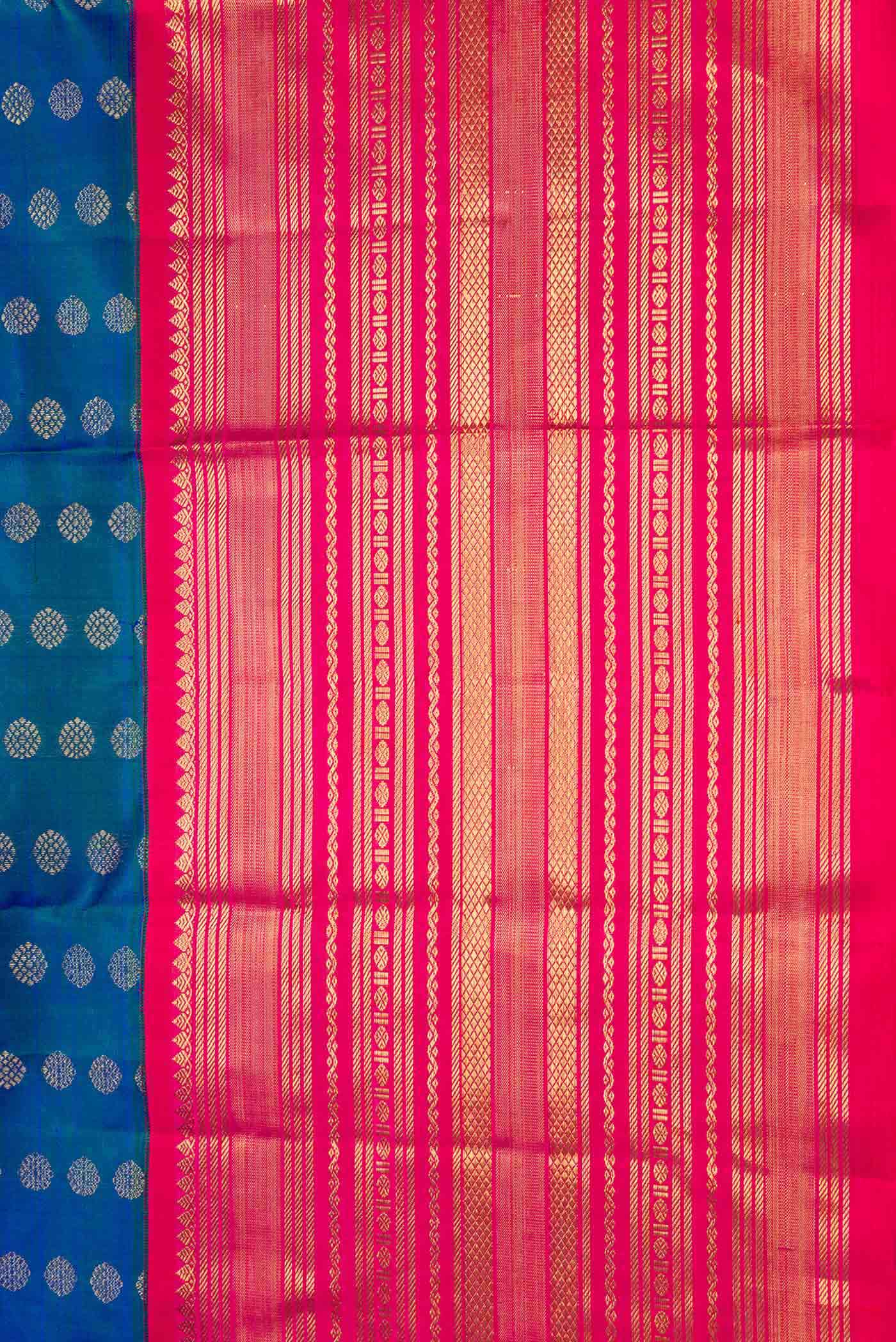 Pure Silk Pure Zari Peacock Blue Dual Tone Kanjivaram Saree - Image 3