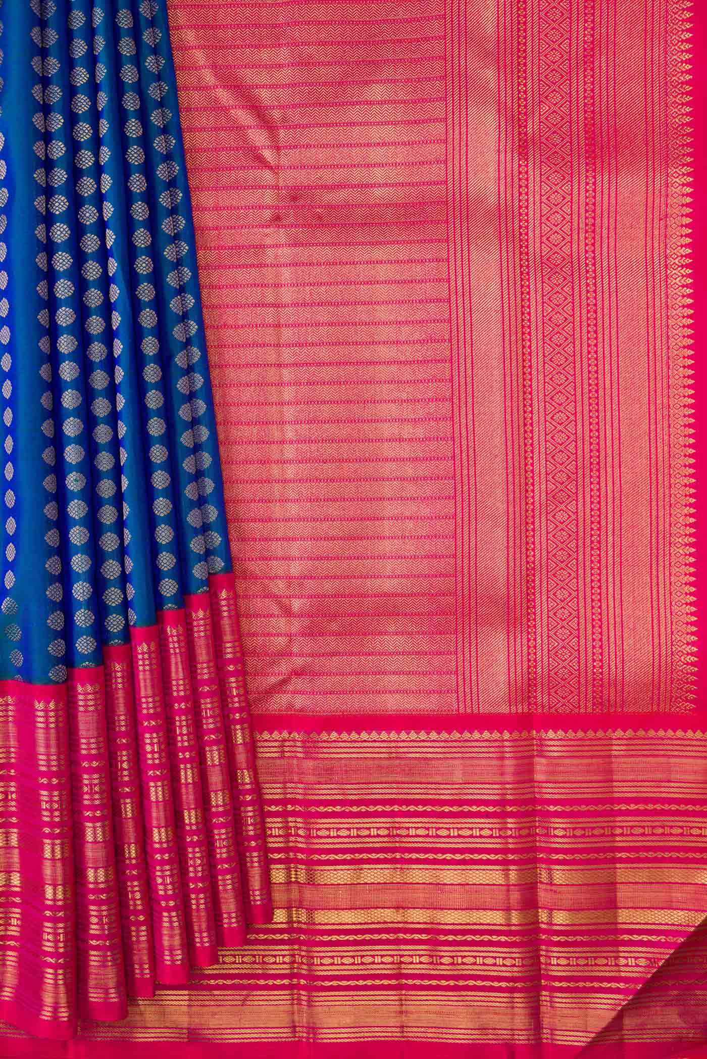 Pure Silk Pure Zari Peacock Blue Dual Tone Kanjivaram Saree - Image 4