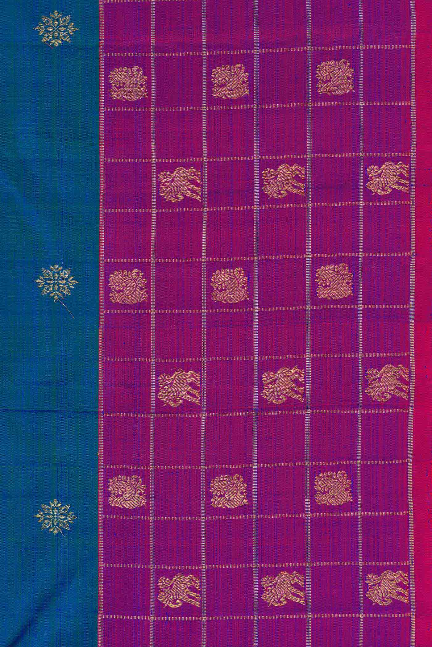 Pure Silk Pure Zari Peacock Blue Dual Tone Kanchipuram Saree - Image 3
