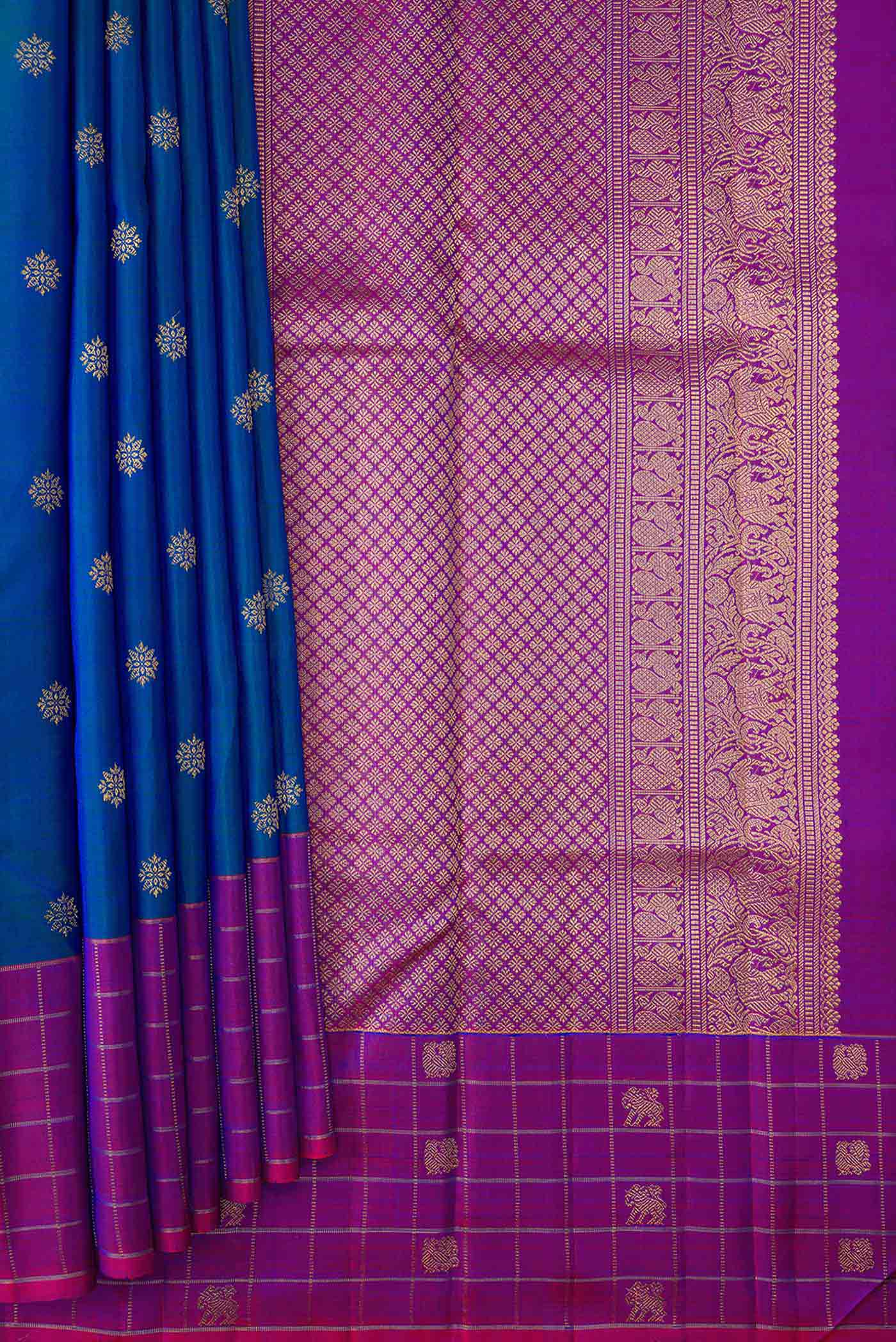 Pure Silk Pure Zari Peacock Blue Dual Tone Kanchipuram Saree - Image 4