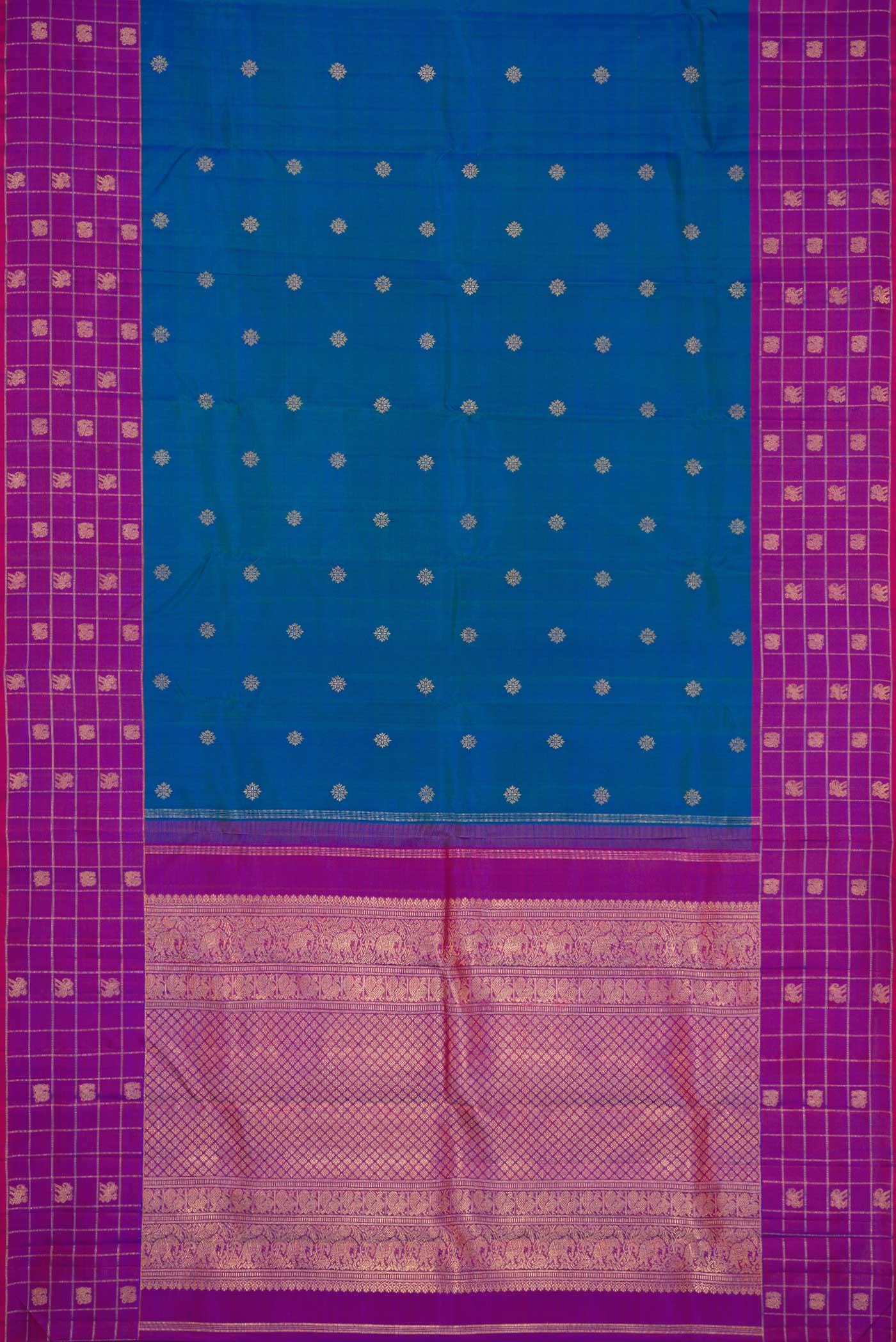 Pure Silk Pure Zari Peacock Blue Dual Tone Kanchipuram Saree - Image 6