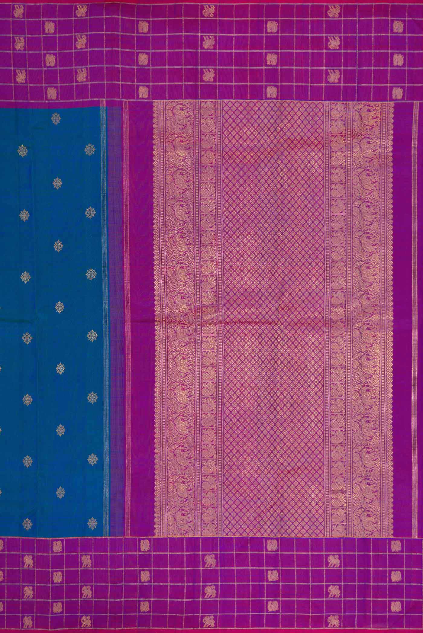 Pure Silk Pure Zari Peacock Blue Dual Tone Kanchipuram Saree - Image 7