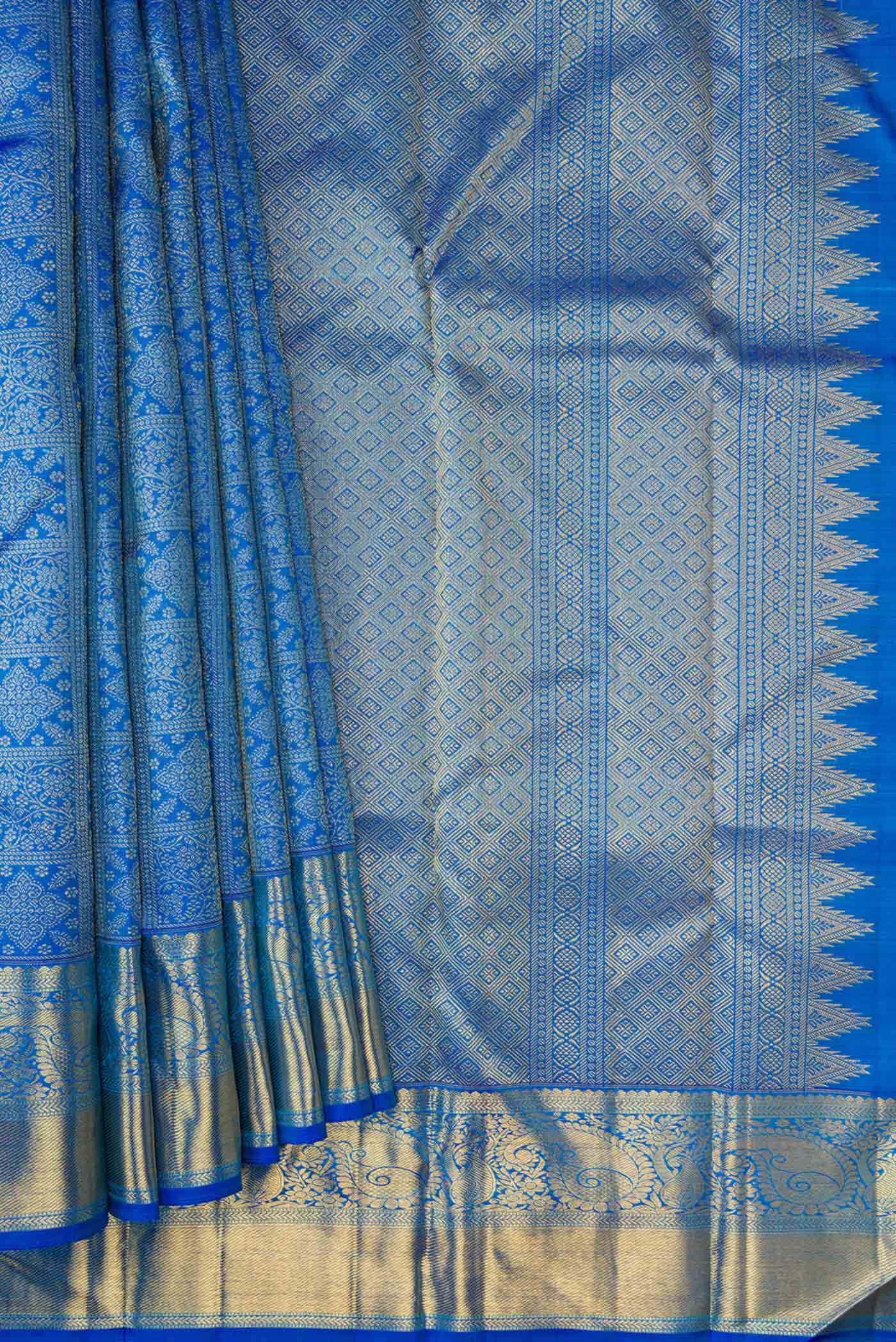Pure Silk Pure Zari Peacock Blue Dual Tone Kanjivaram Saree - Image 4