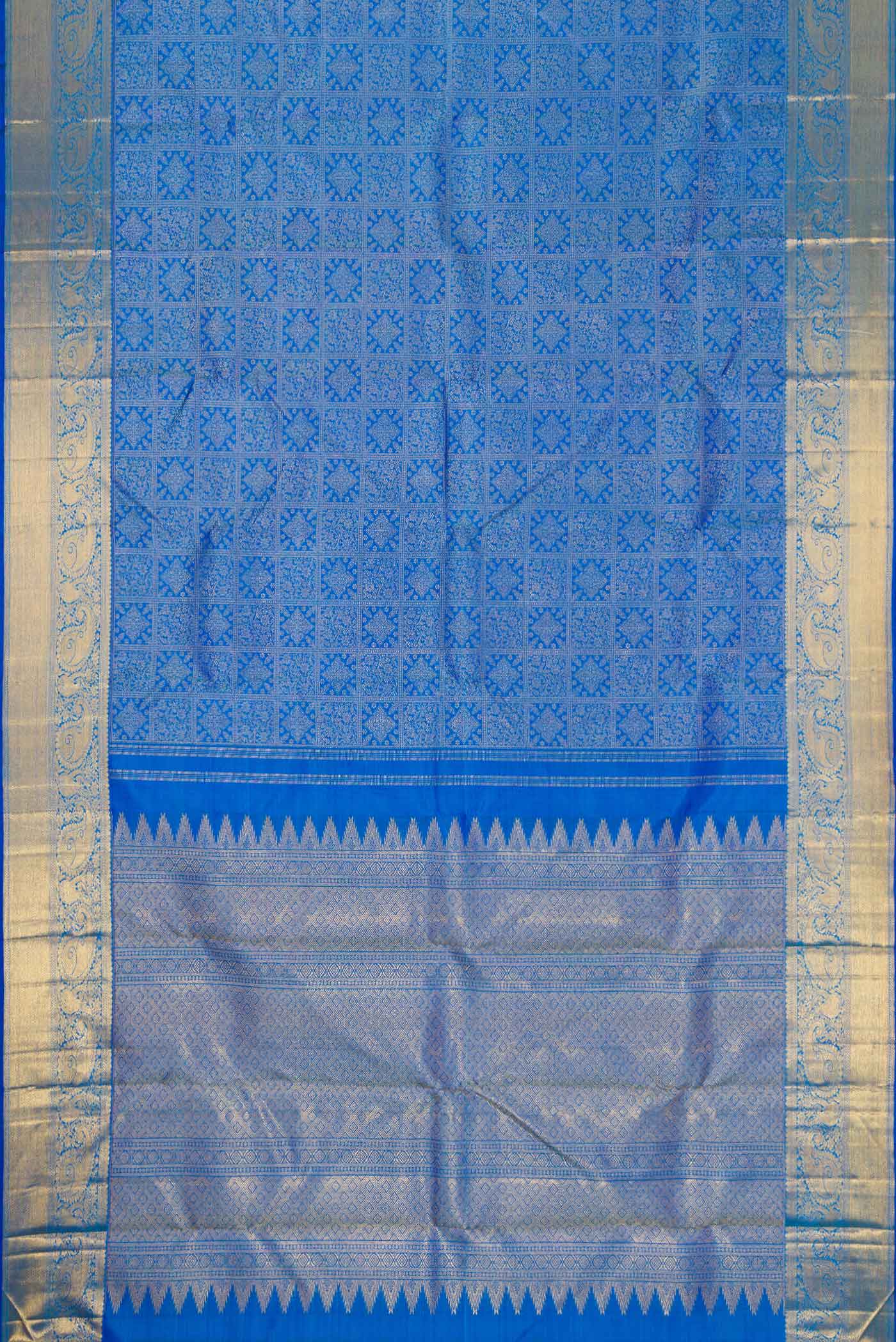Pure Silk Pure Zari Peacock Blue Dual Tone Kanjivaram Saree - Image 6