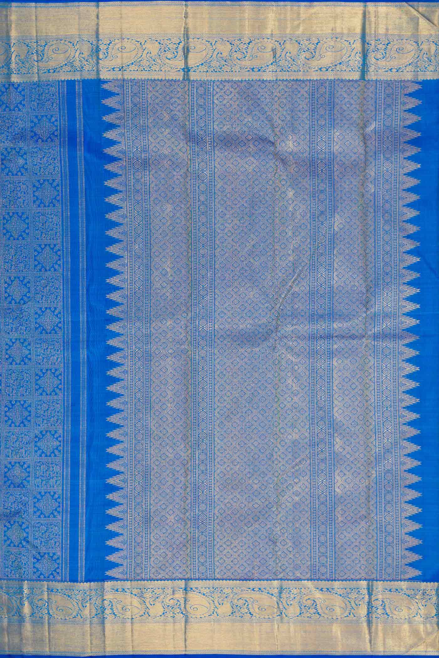 Pure Silk Pure Zari Peacock Blue Dual Tone Kanjivaram Saree - Image 7