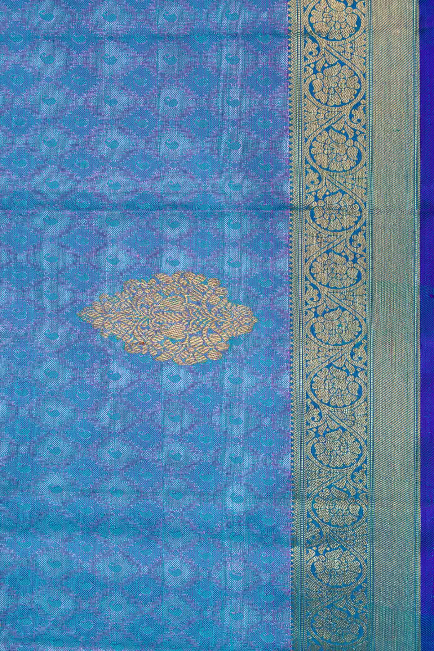 Pure Silk Pure Zari Peacock Blue Dual Tone Kanchipuram Saree - Image 3