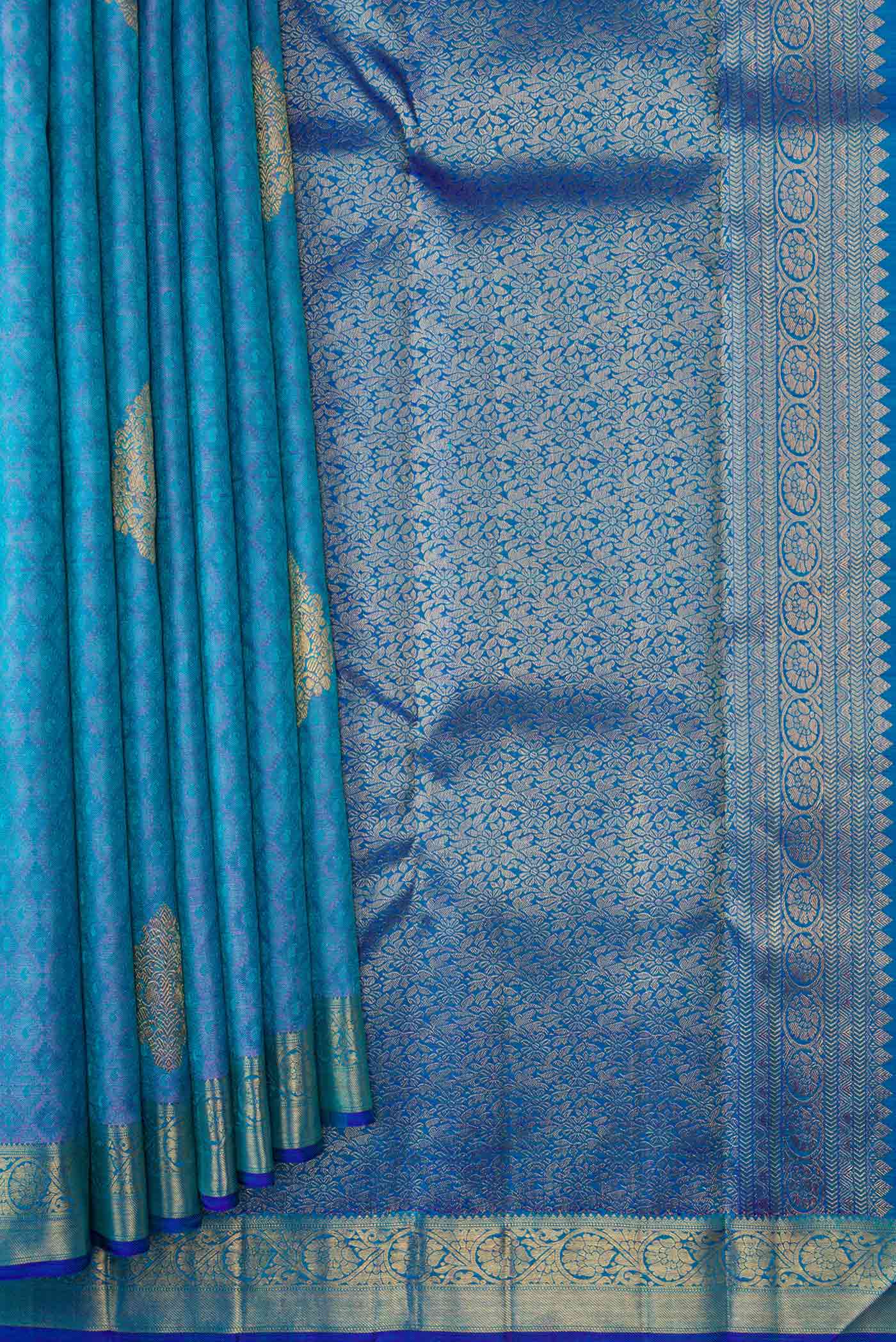 Pure Silk Pure Zari Peacock Blue Dual Tone Kanchipuram Saree - Image 4