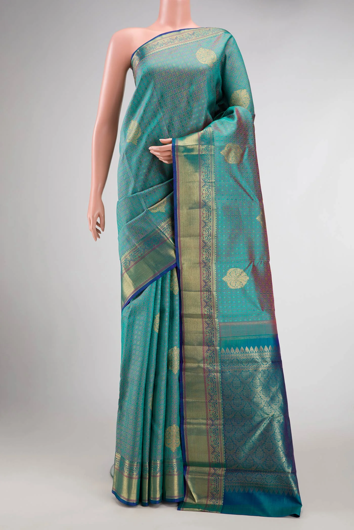 Pure Silk Pure Zari Turquoise with Lavender Color Kanchipuram Saree