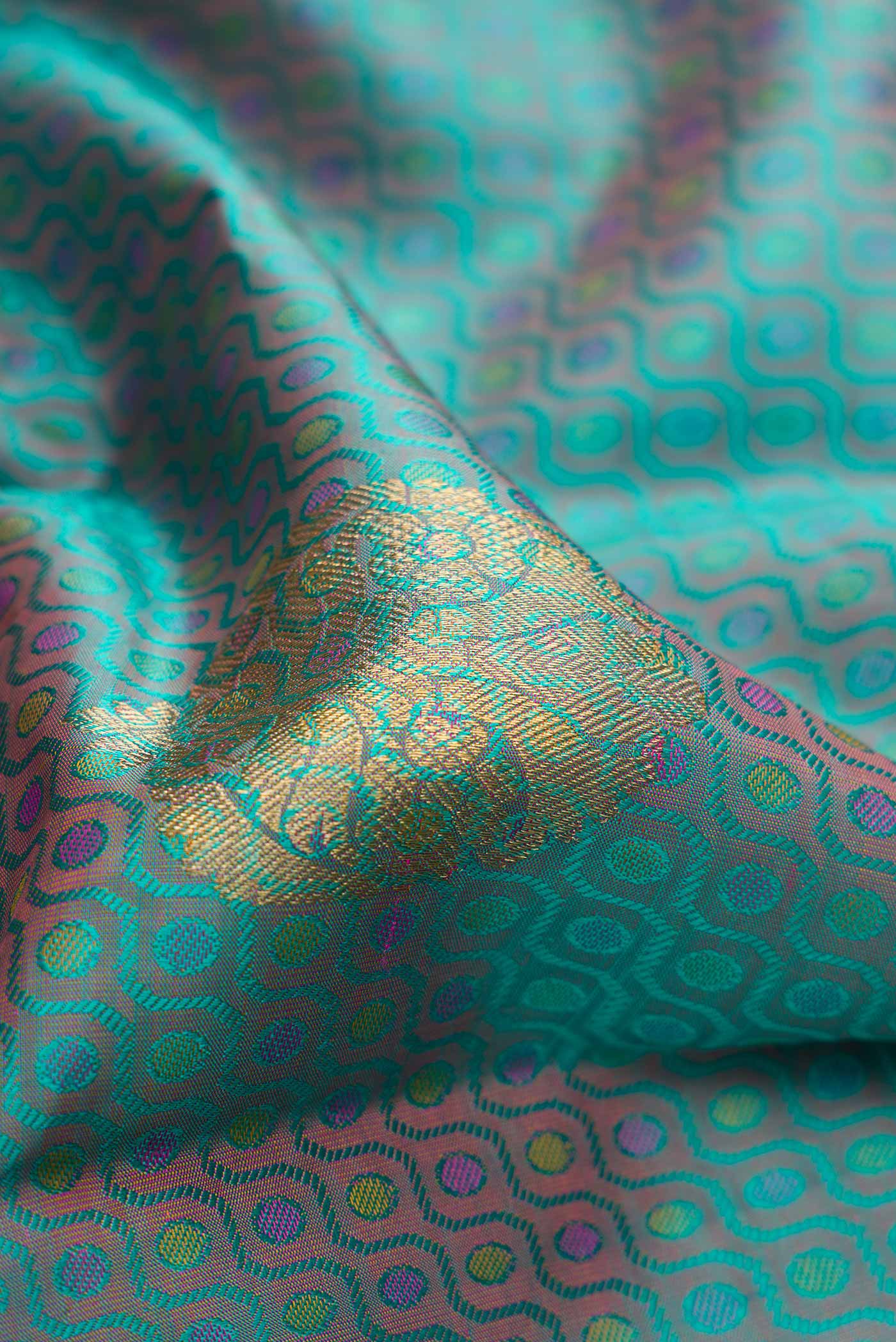 Pure Silk Pure Zari Turquoise with Lavender Color Kanchipuram Saree - Image 2