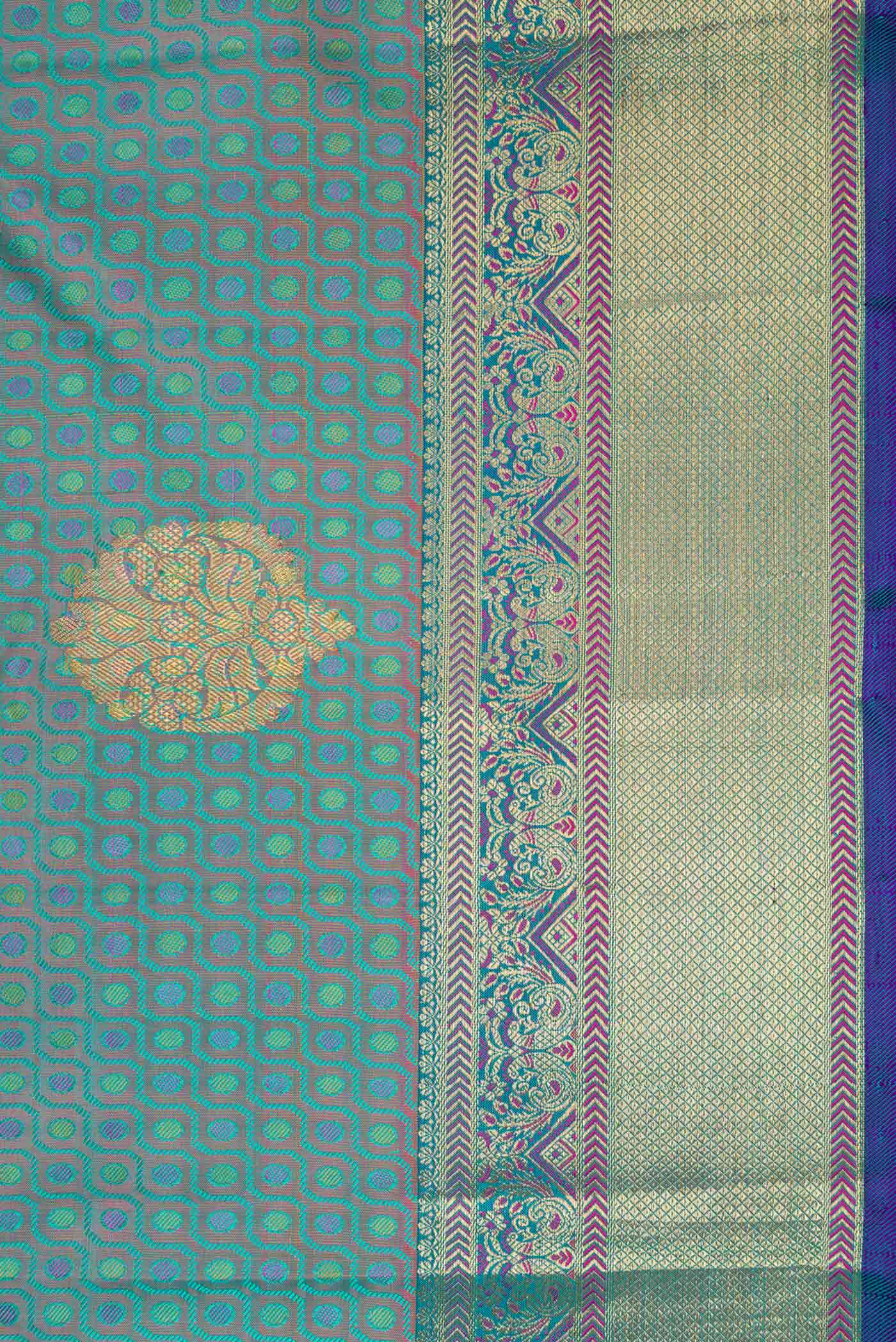 Pure Silk Pure Zari Turquoise with Lavender Color Kanchipuram Saree - Image 3
