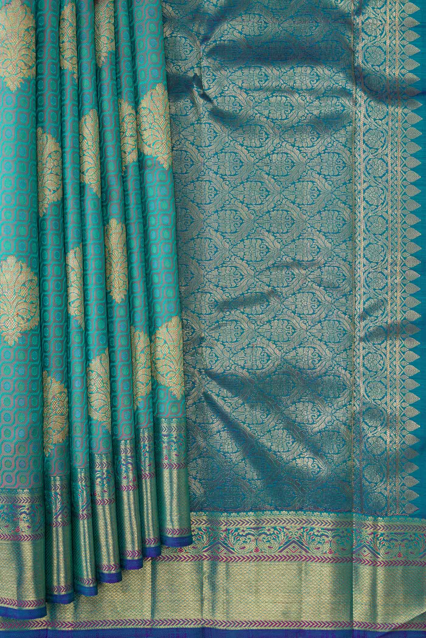 Pure Silk Pure Zari Turquoise with Lavender Color Kanchipuram Saree - Image 4