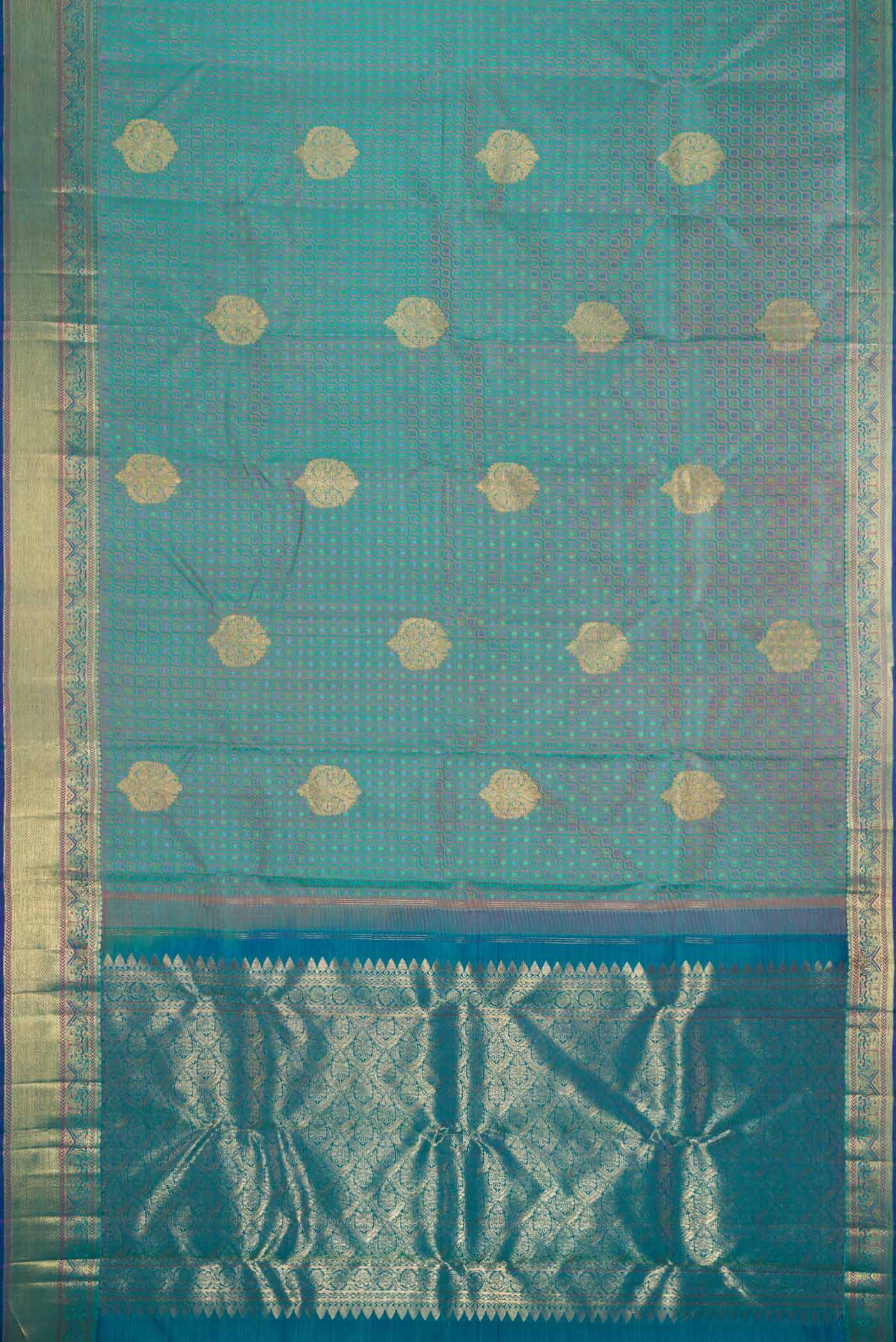 Pure Silk Pure Zari Turquoise with Lavender Color Kanchipuram Saree - Image 6