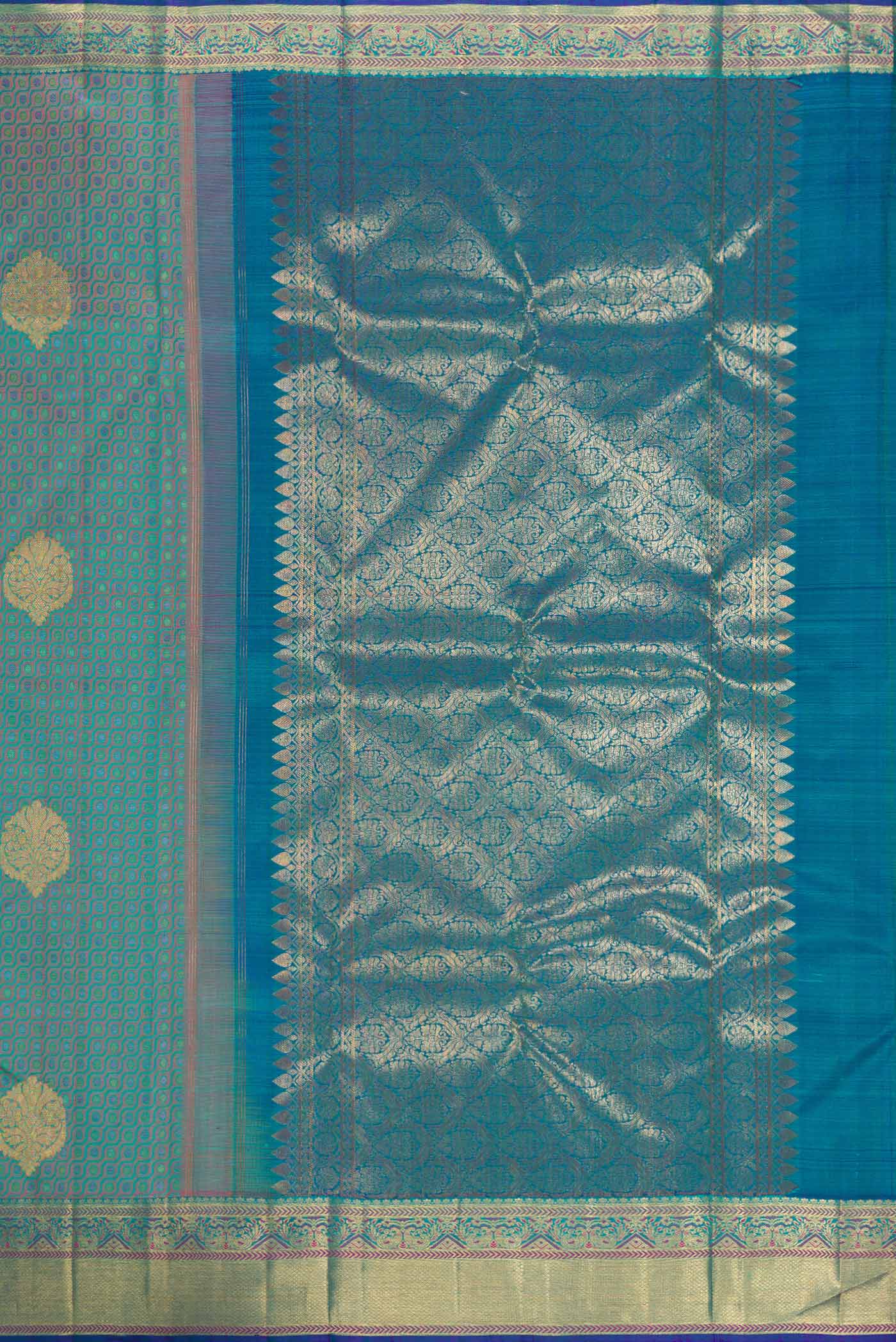 Pure Silk Pure Zari Turquoise with Lavender Color Kanchipuram Saree - Image 7