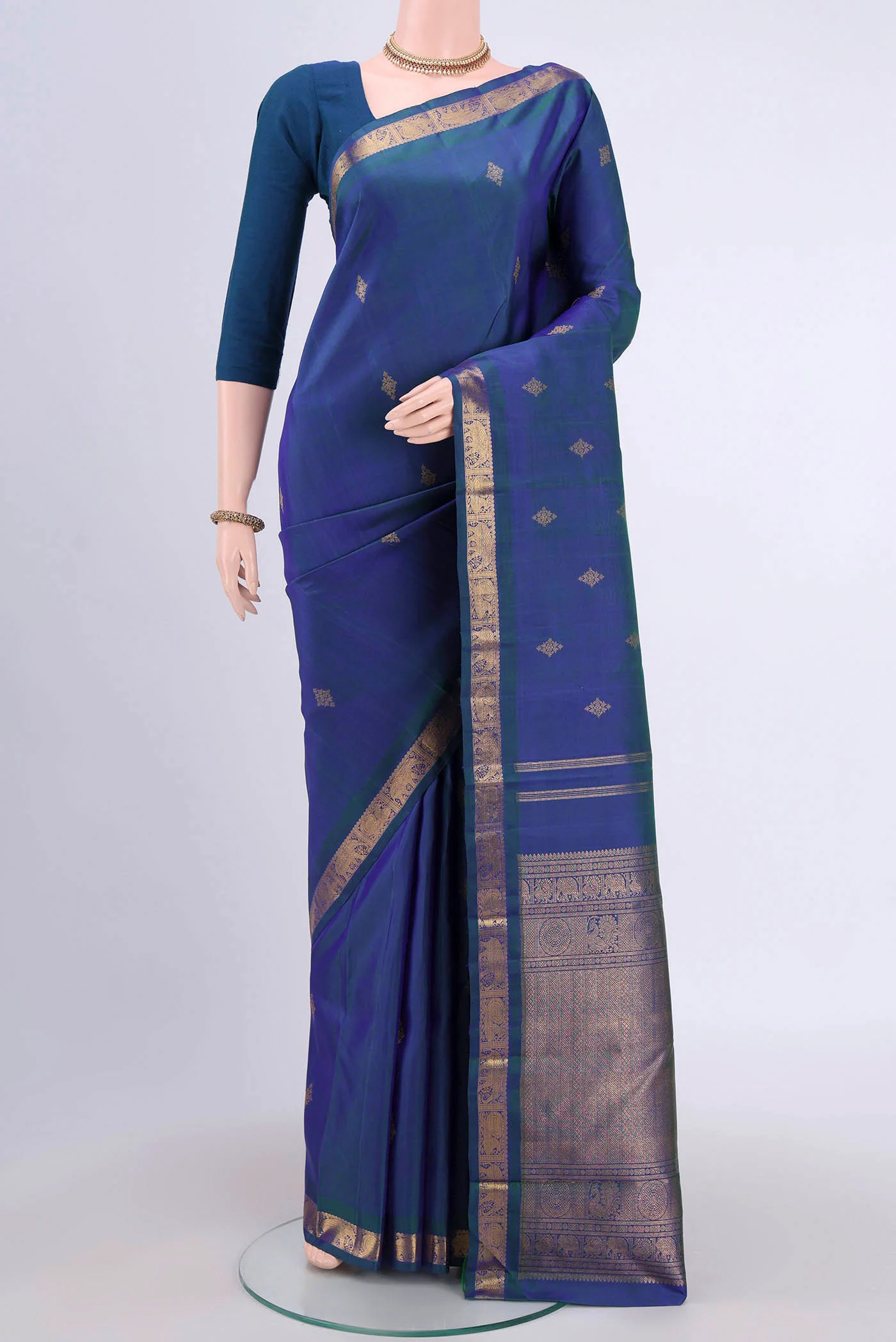 Pure Silk Pure Zari Peacock Blue Dual Tone Kanchipuram Saree