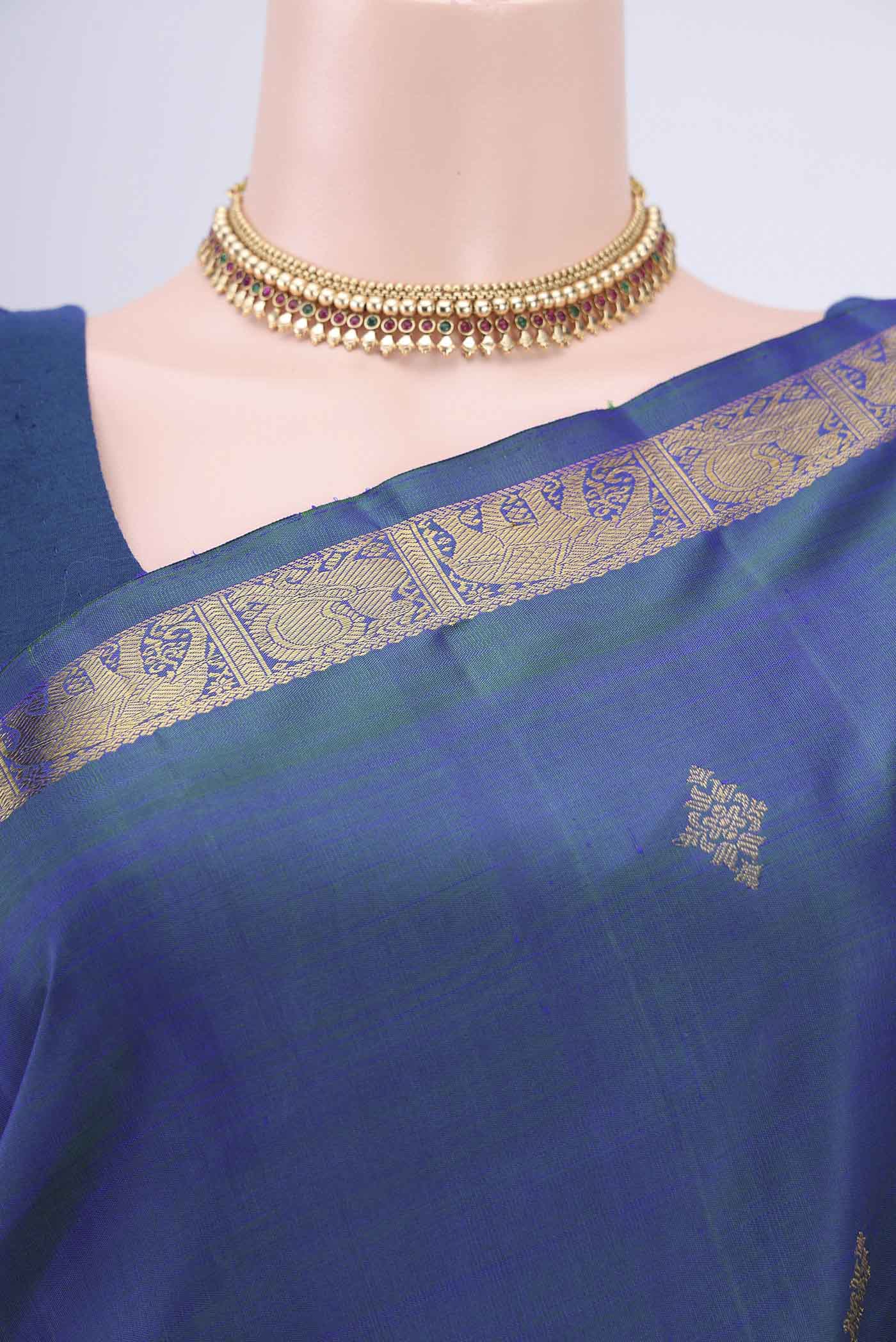 Pure Silk Pure Zari Peacock Blue Dual Tone Kanchipuram Saree - Image 2