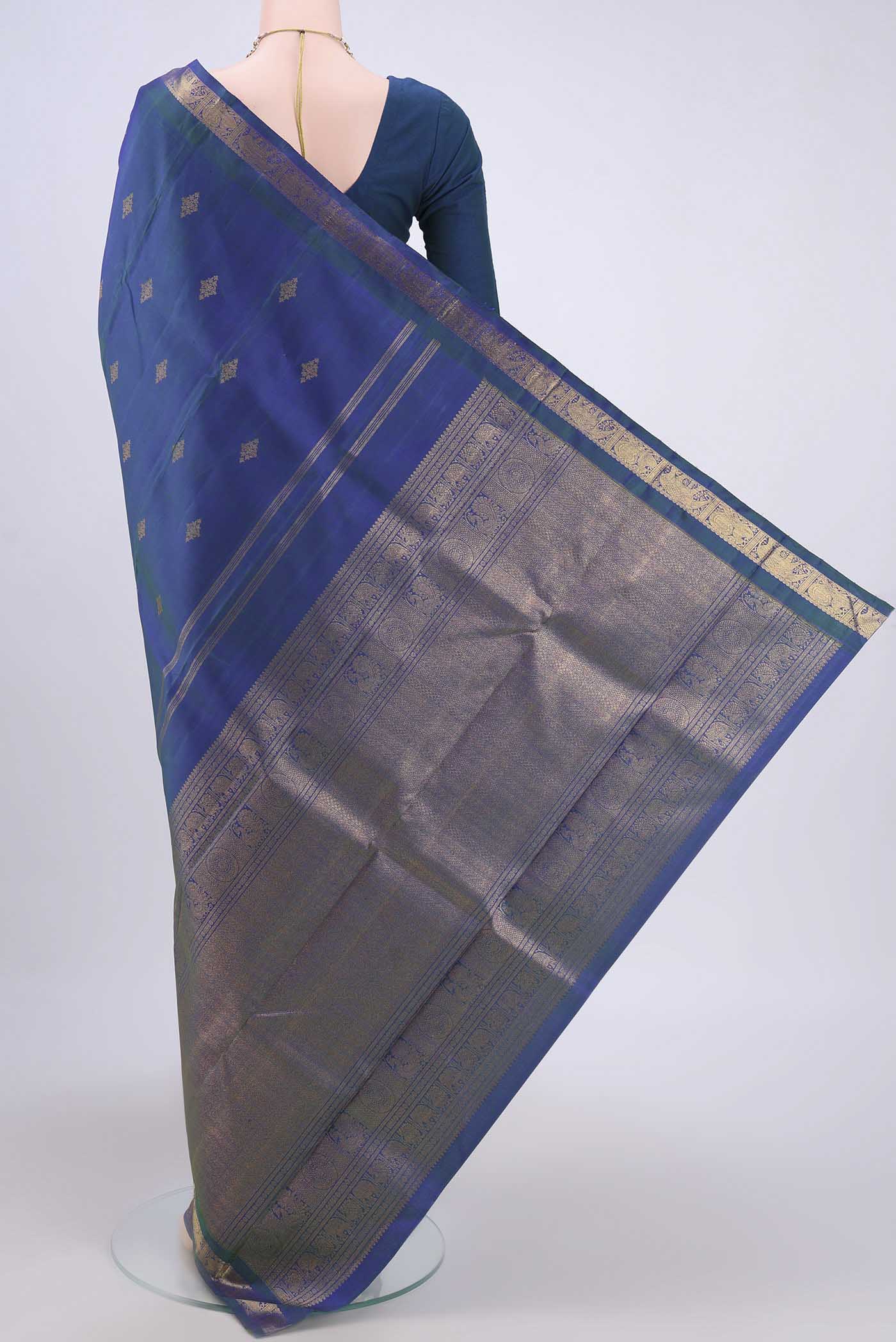 Pure Silk Pure Zari Peacock Blue Dual Tone Kanchipuram Saree - Image 3